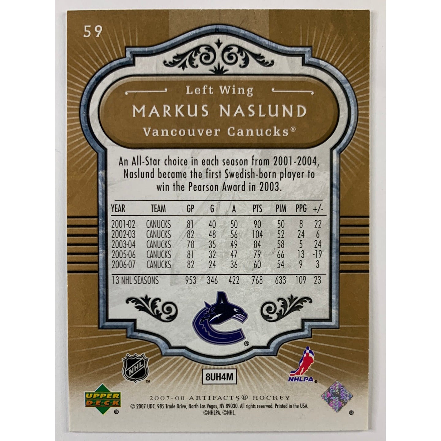 2007-08 Upper Deck Markus Naslund Artifacts | Local Legends Cards & Collectibles