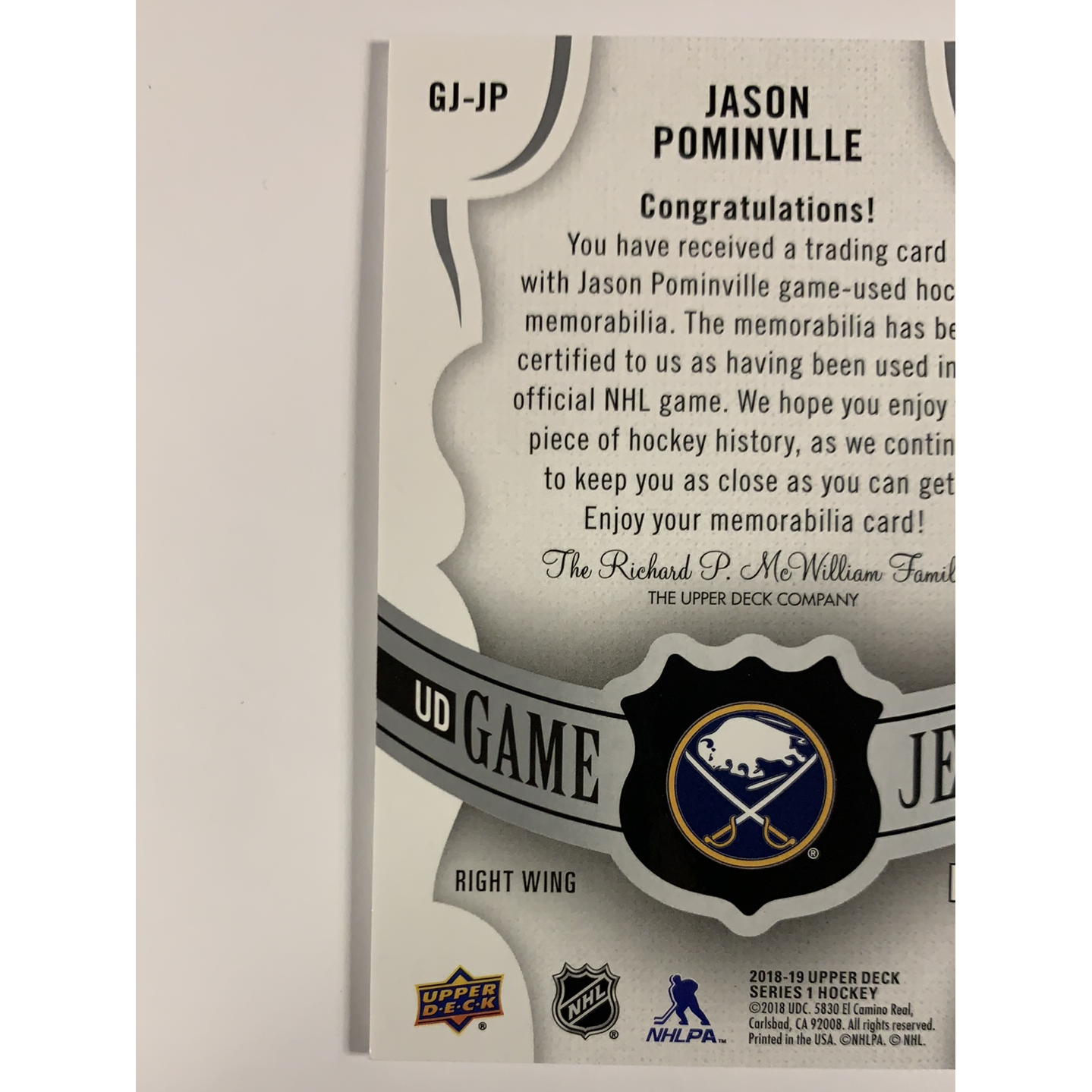 2018-19 Upper Deck Jason Pominvile Game Jersey | Local Legends Cards & Collectibles