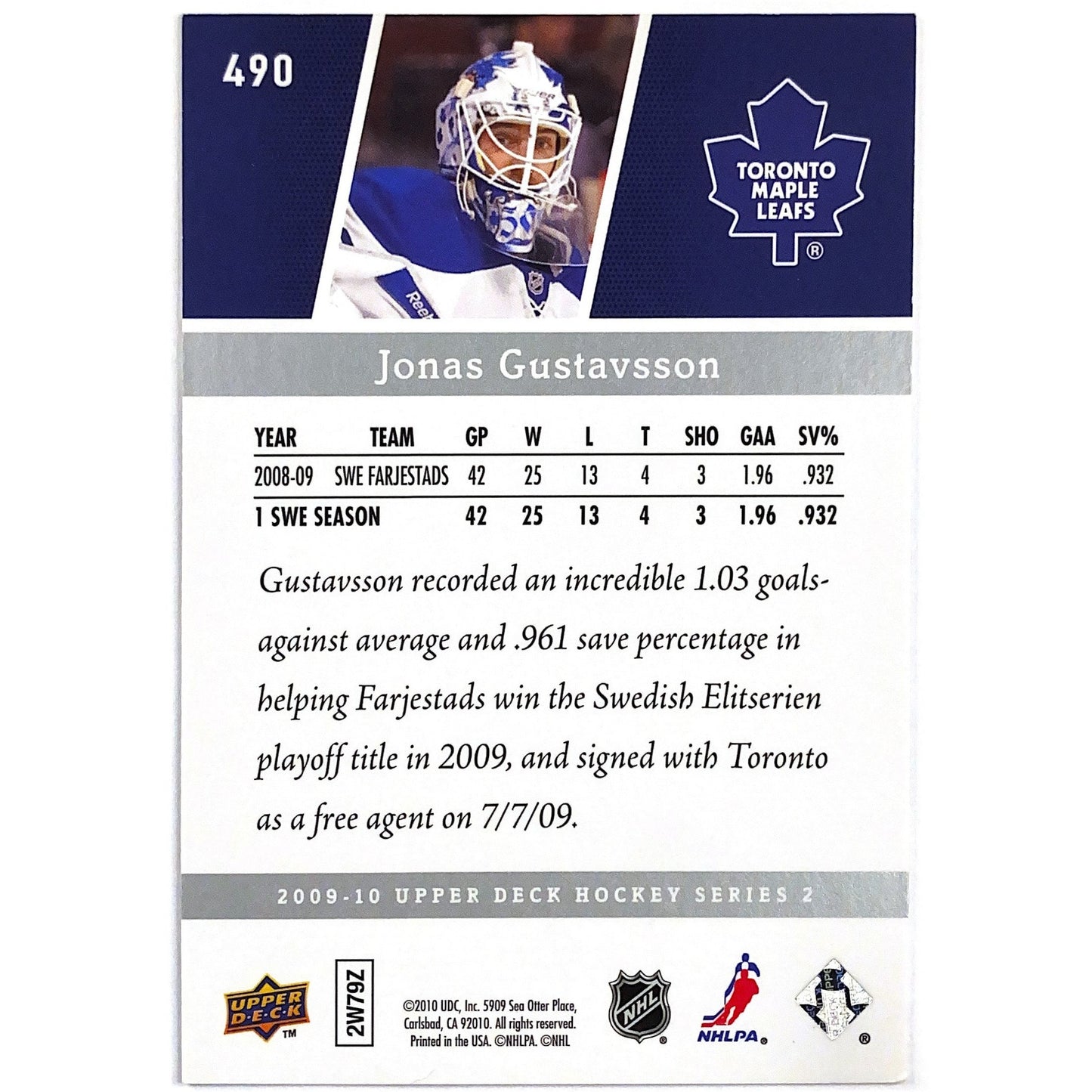2009-10 Upper Deck Series 2 Jonás “The Monster” Gustavsson Young Guns | Local Legends Cards & Collectibles