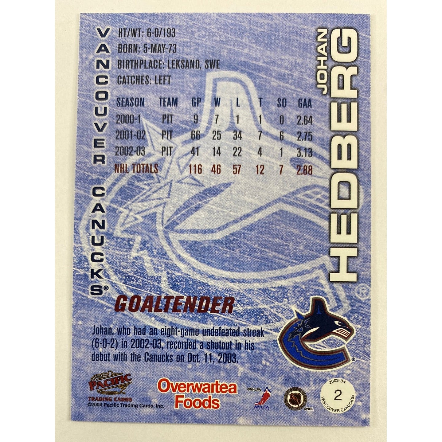 2004 Pacific Vancouver Canucks Johan Hedberg | Local Legends Cards & Collectibles