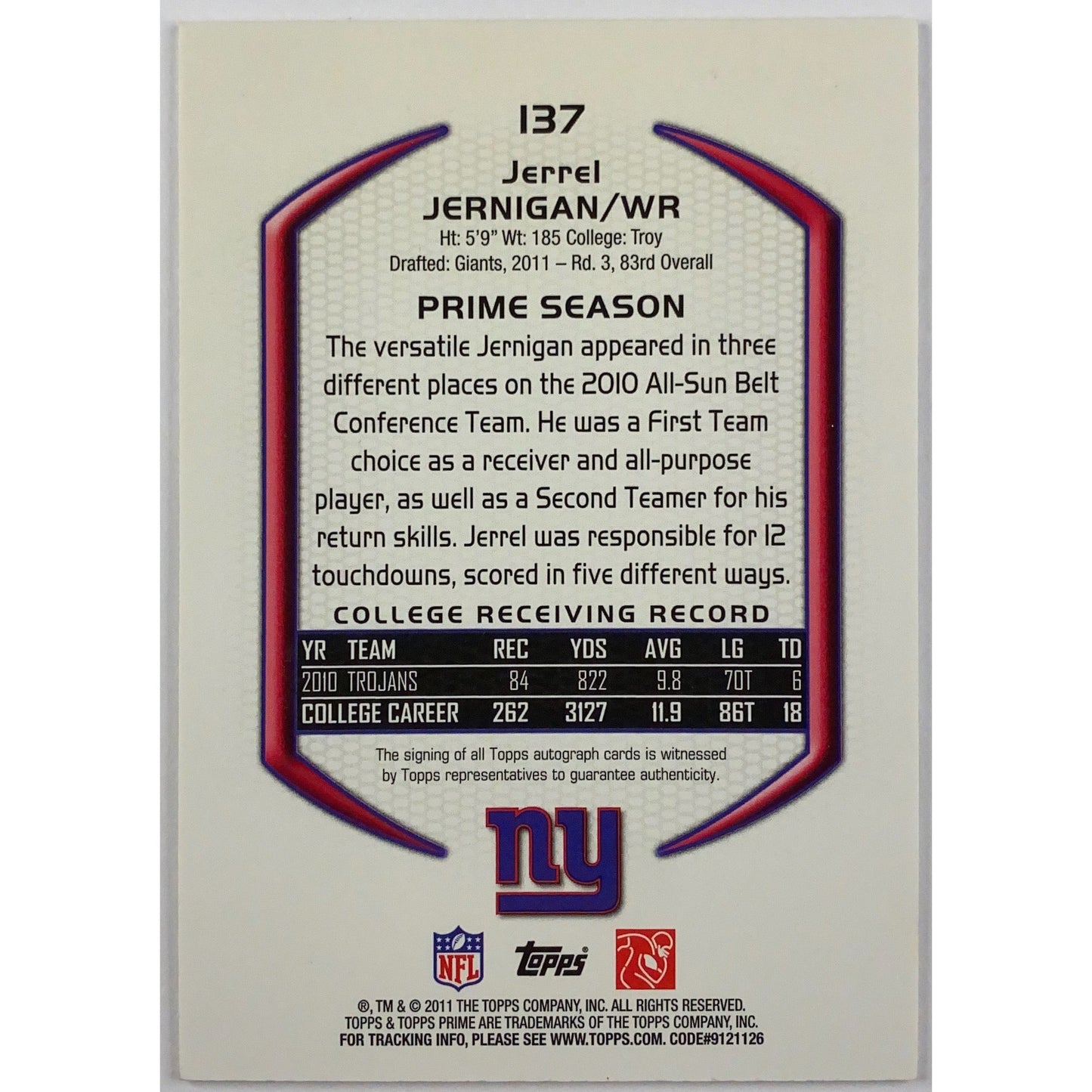 2011 Topps Prime Jerel Jernigan Prime Auto 01/25 | Local Legends Cards & Collectibles