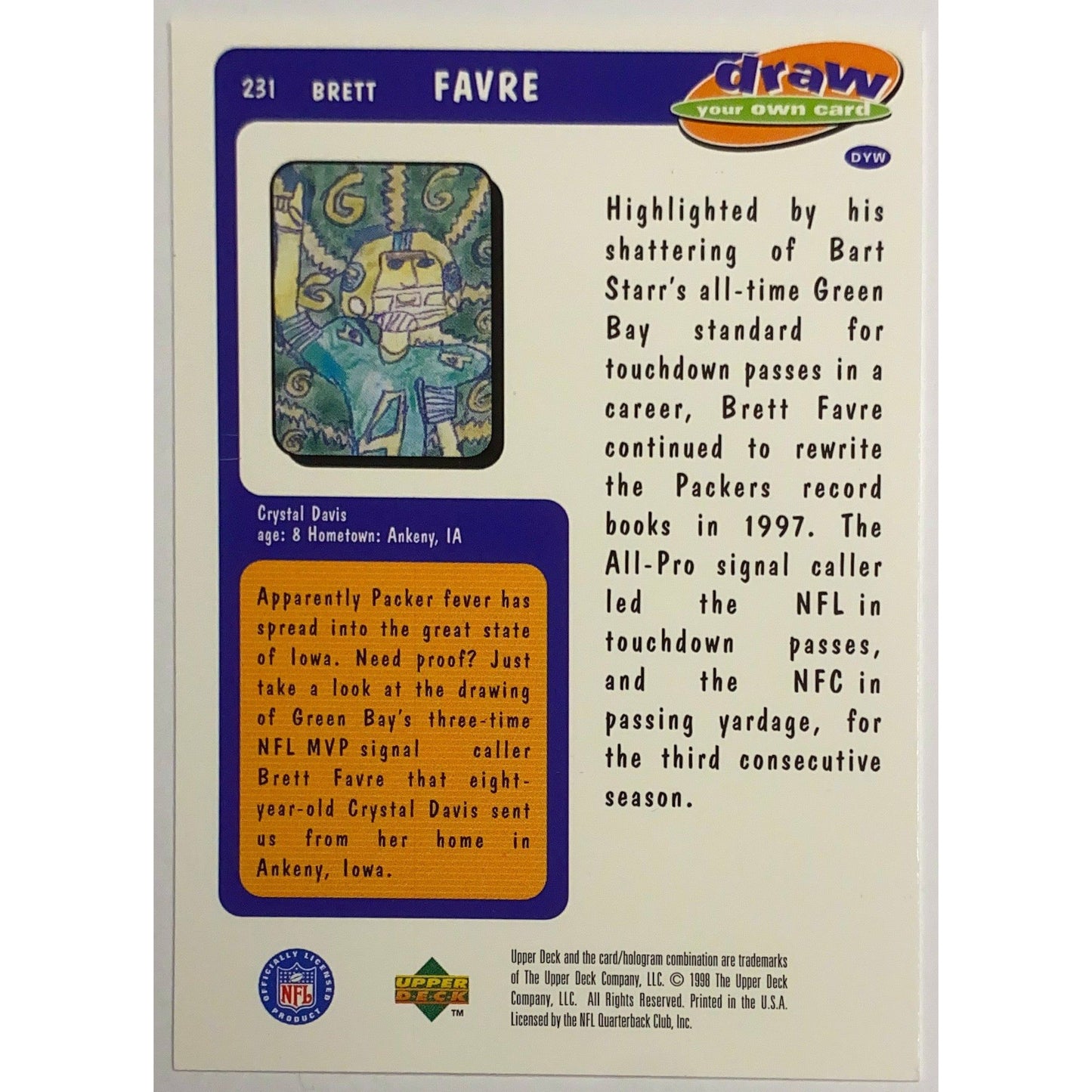 1998 Upper Deck Choice Draw Your Own Card Brett Favre #231 | Local Legends Cards & Collectibles