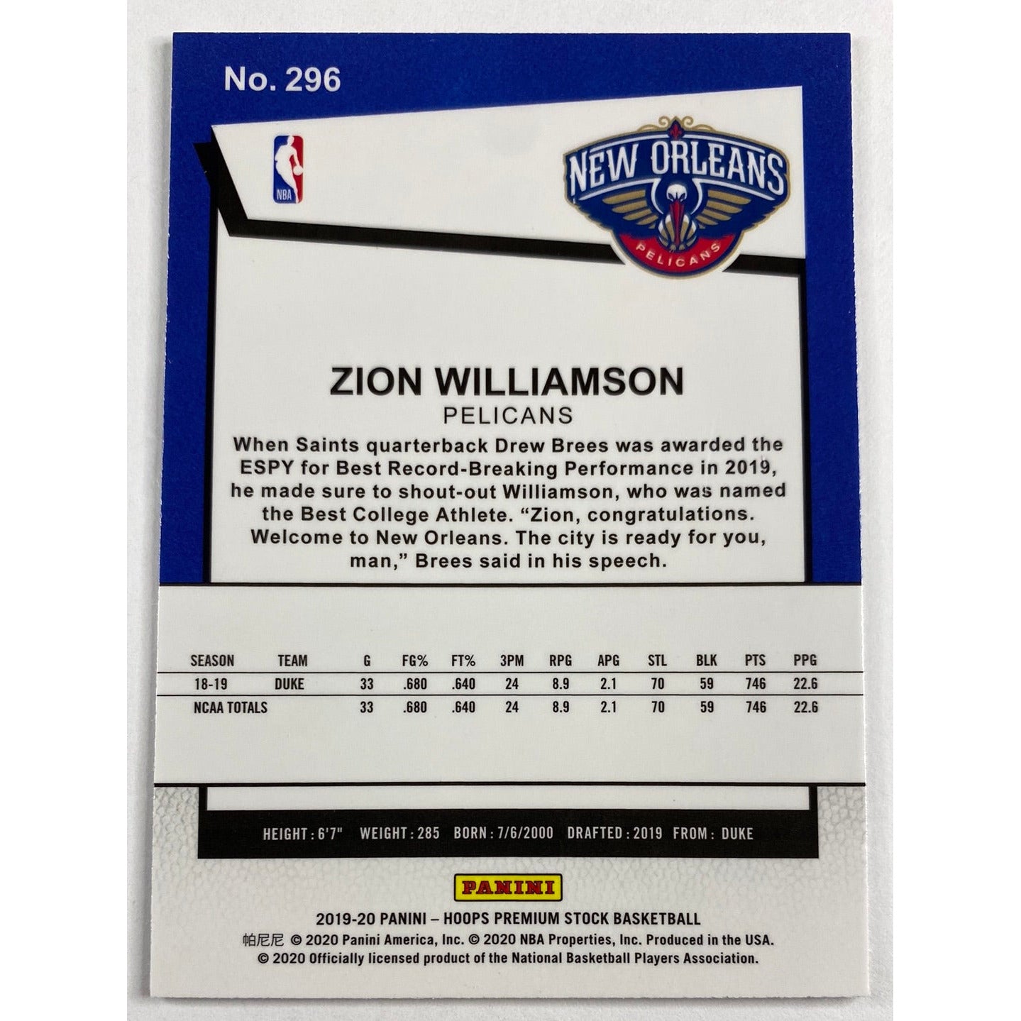 2019-20 Hoops Premium Stock Zion Williamson Tribute RC | Local Legends Cards & Collectibles