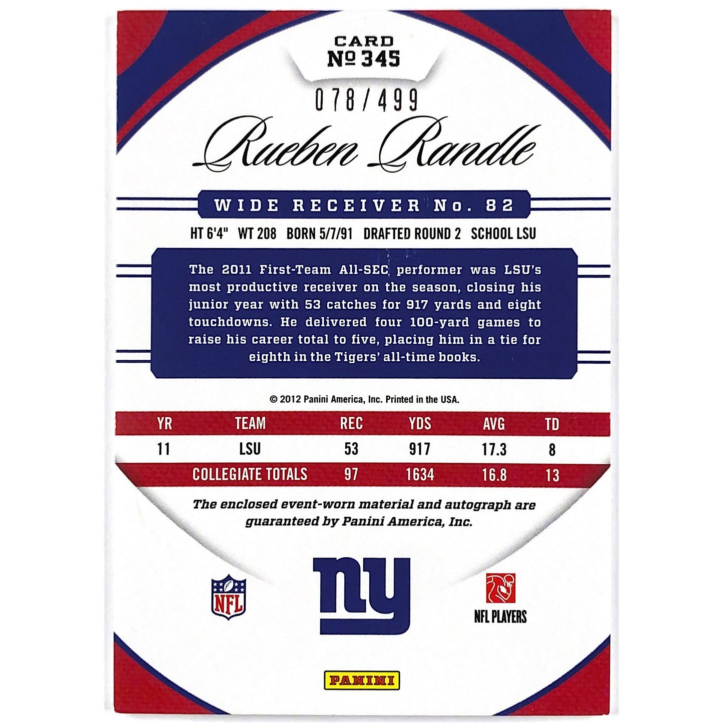 2012 Certified Rueben Randle Freshman Fabric Dual Jersey Auto /499 | Local Legends Cards & Collectibles