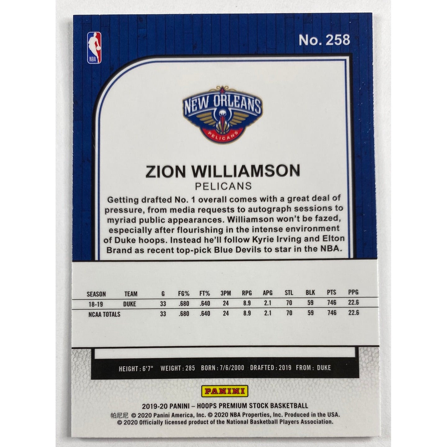 2019-20 Hoops Premium Stock Zion Williamson RC | Local Legends Cards & Collectibles