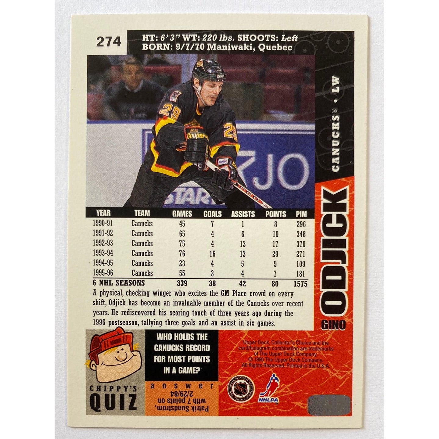 1996-97 Upper Deck Gino Odjick | Local Legends Cards & Collectibles