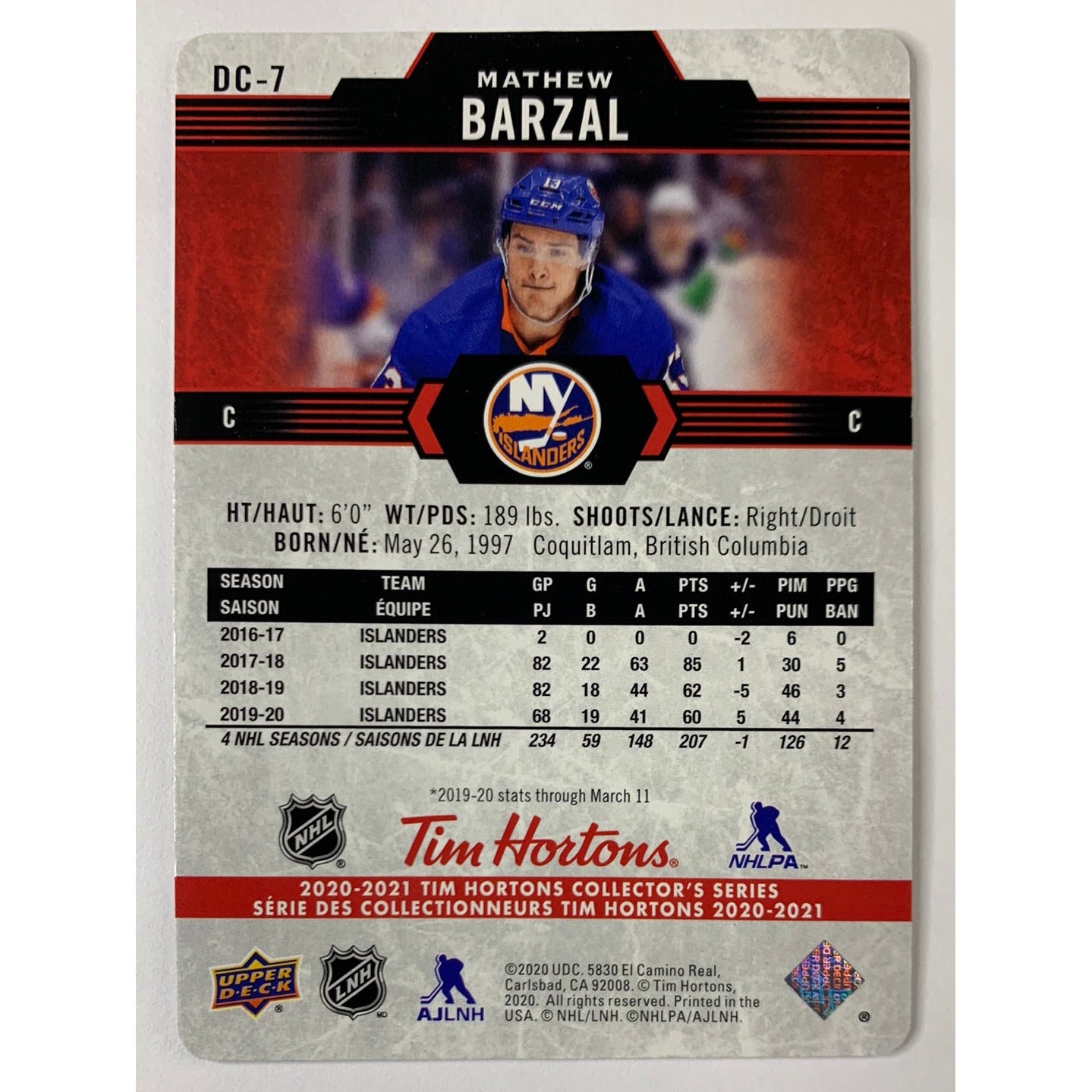 2020-21 Tim Hortons Mathew Barzal Red Die Cut | Local Legends Cards & Collectibles