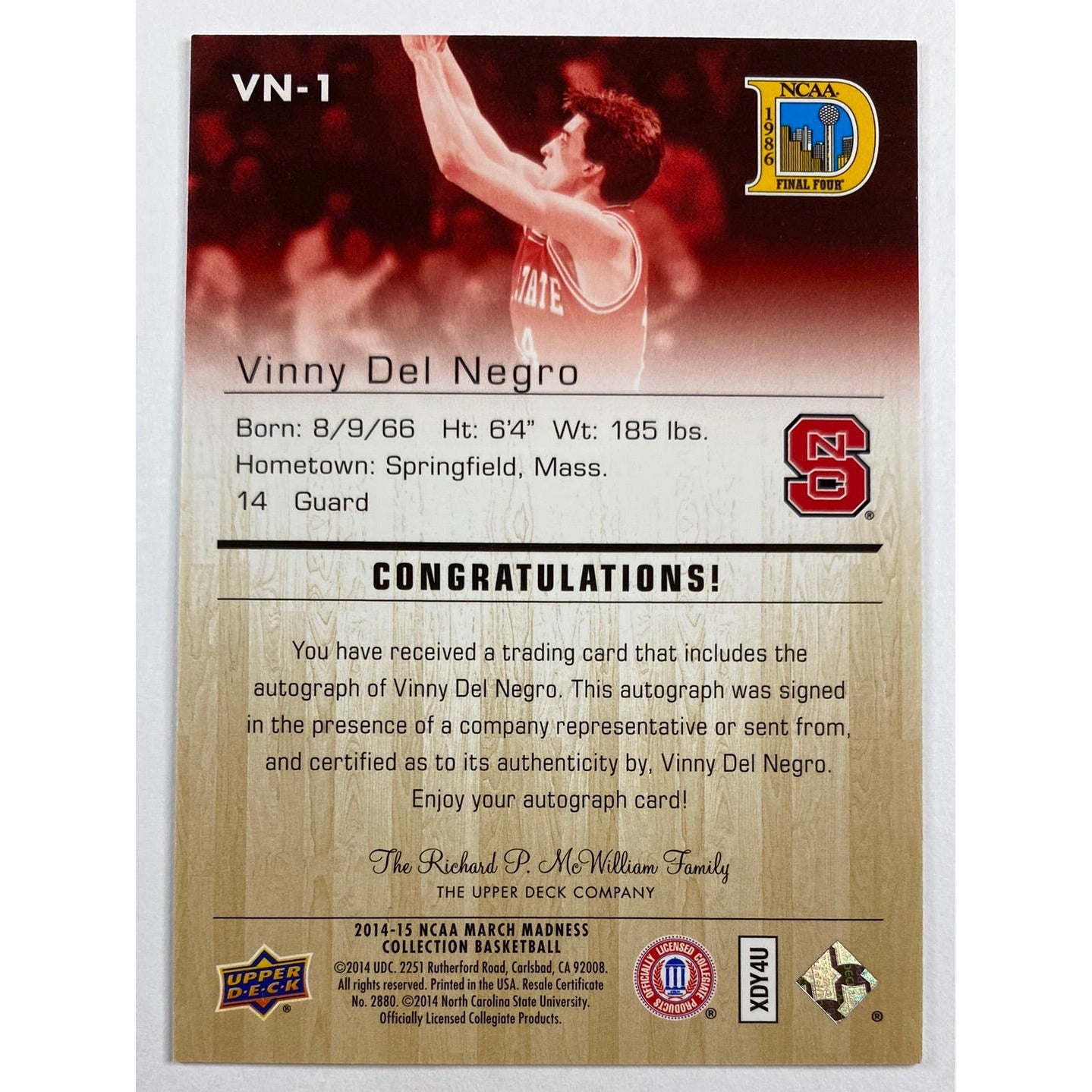 2014-15 NCAA March Madness Vinny Del Negro Finals Auto | Local Legends Cards & Collectibles