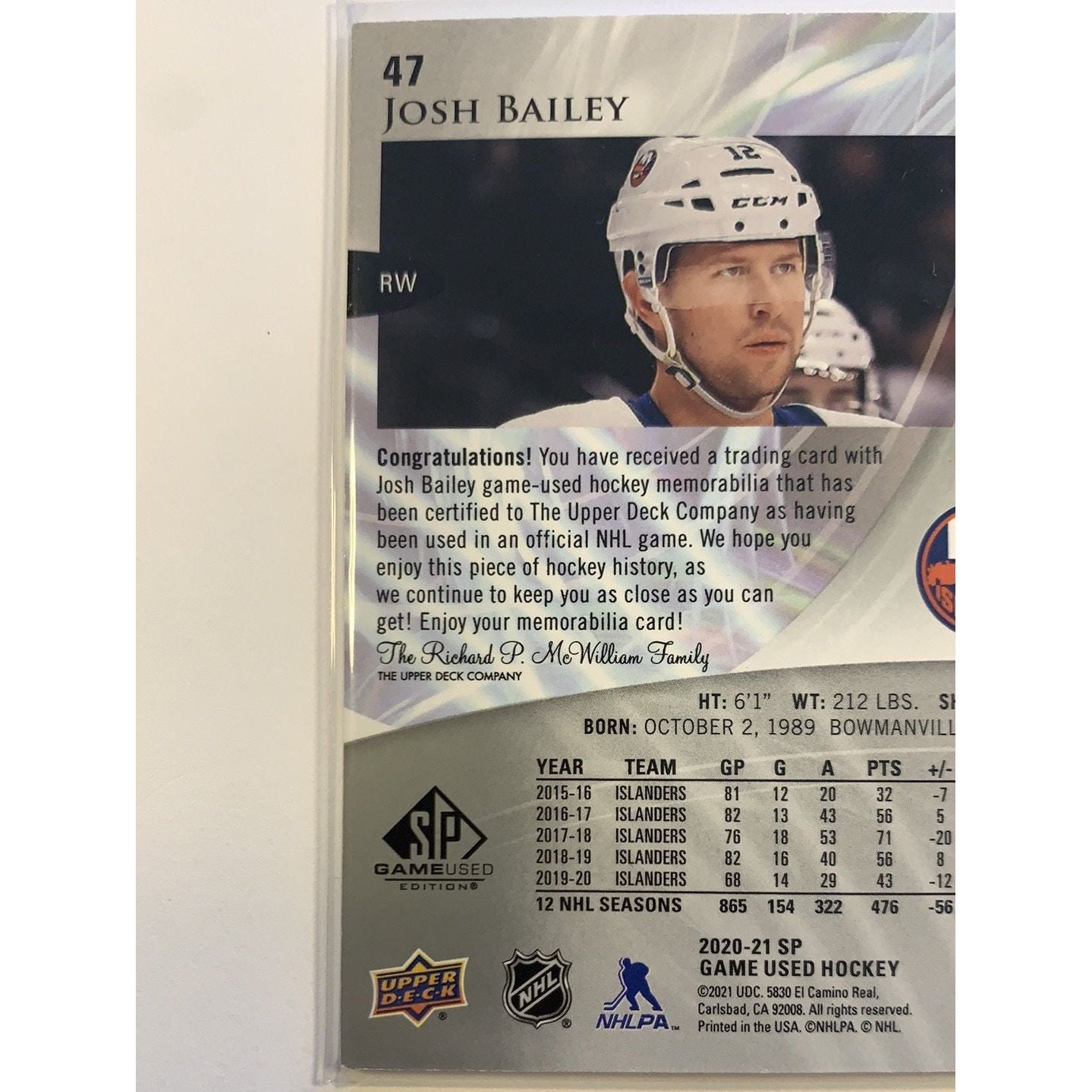 2020-21 SP Game Used Edition Josh Bailey Patch Card | Local Legends Cards & Collectibles