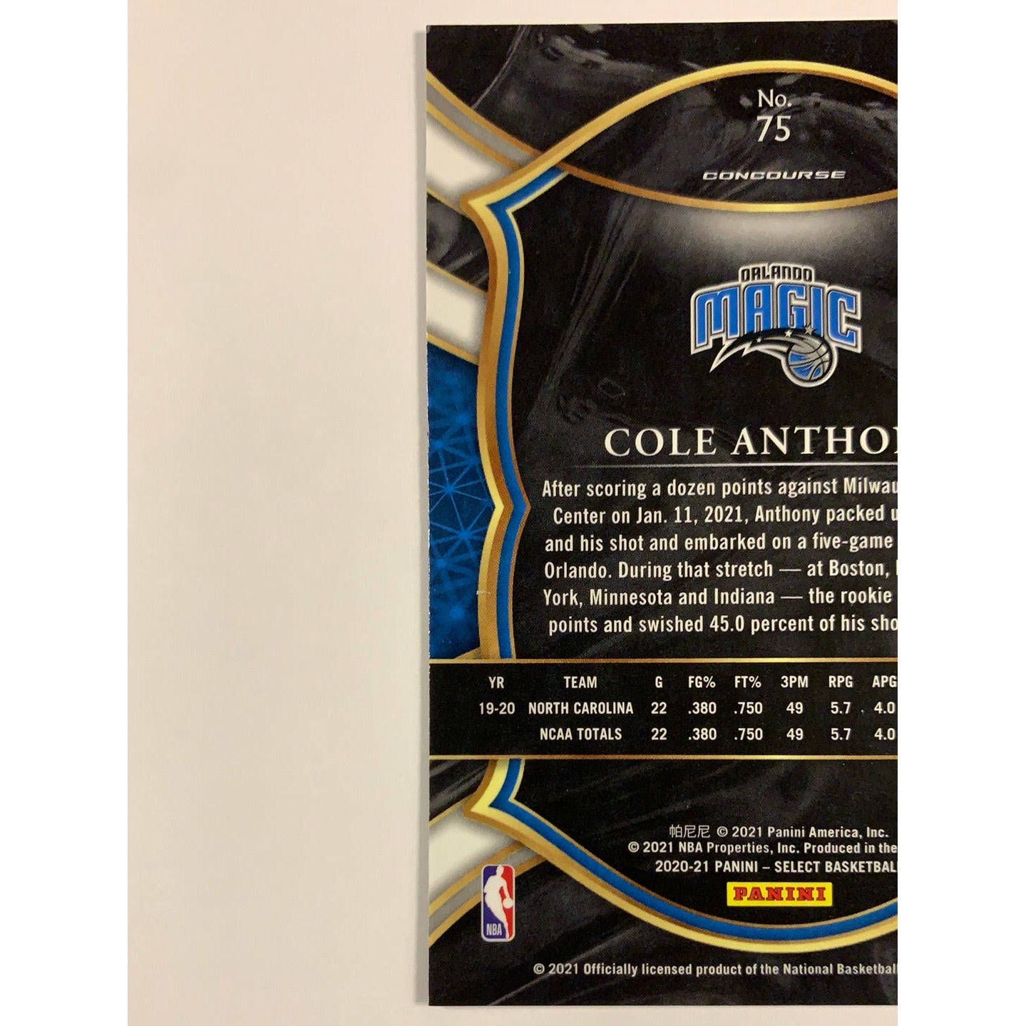 2020-21 Select Cole Anthony Blue Concourse Level RC | Local Legends Cards & Collectibles