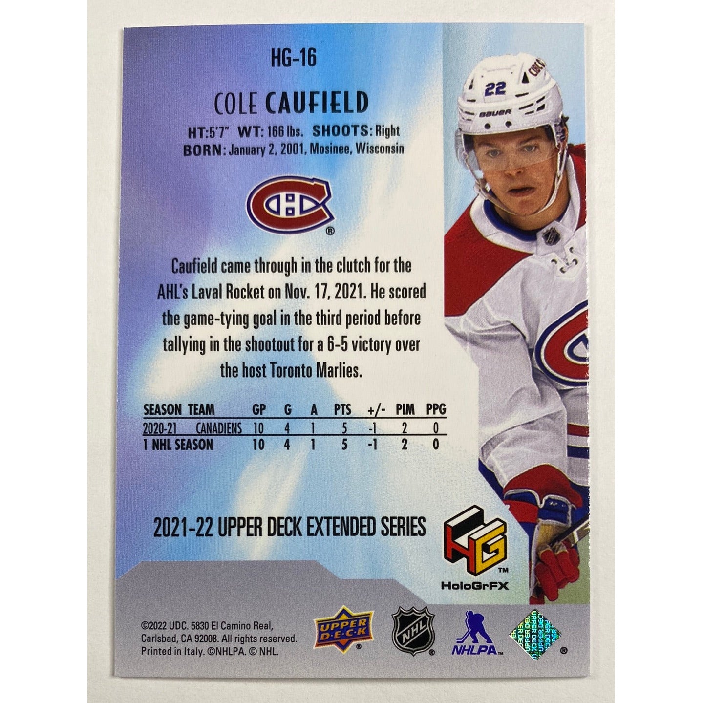 2021-22 Upper Deck Extended Series Cole Caulfield HoloGrFX | Local Legends Cards & Collectibles