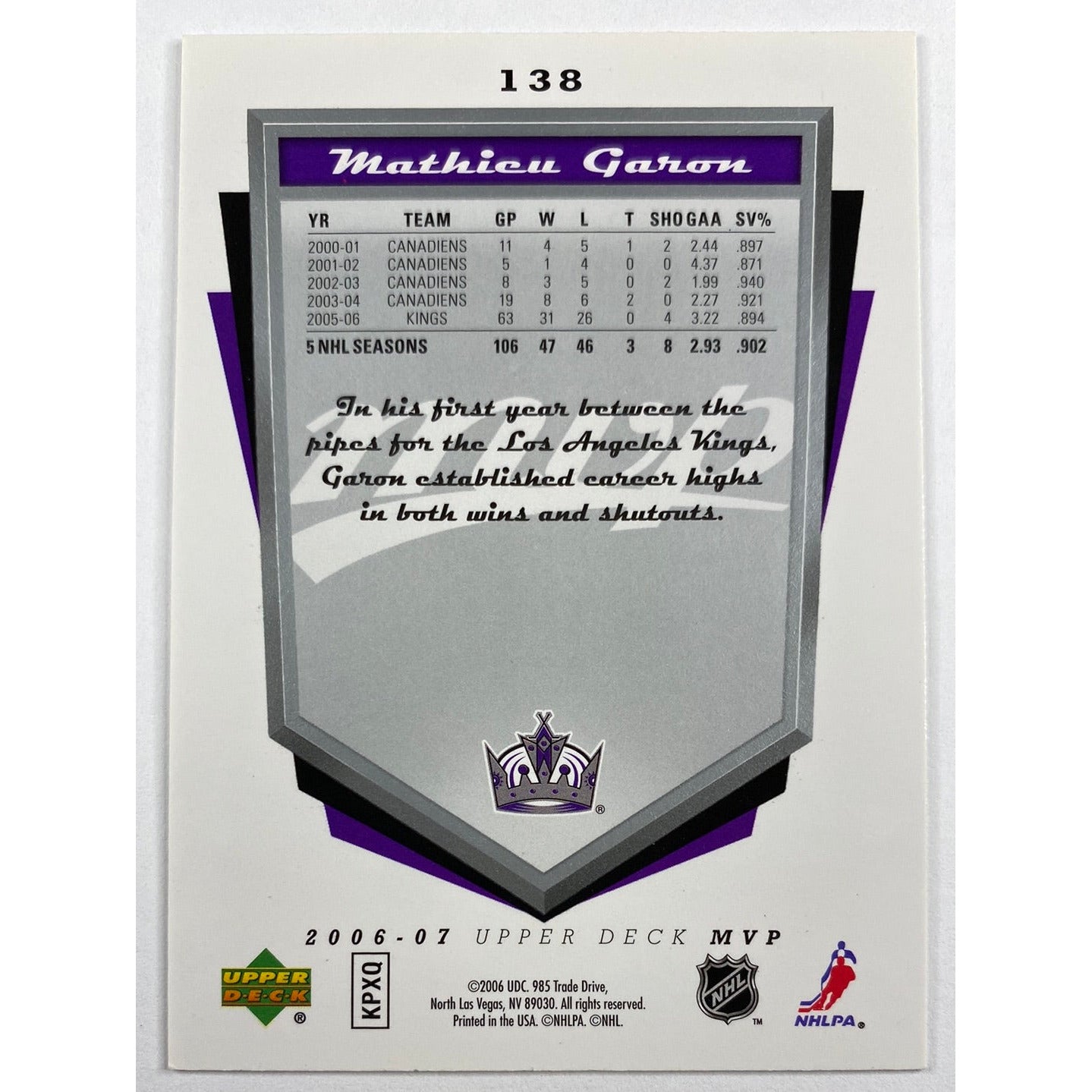 2006-07 MVP Mathieu Garon Silver Script | Local Legends Cards & Collectibles