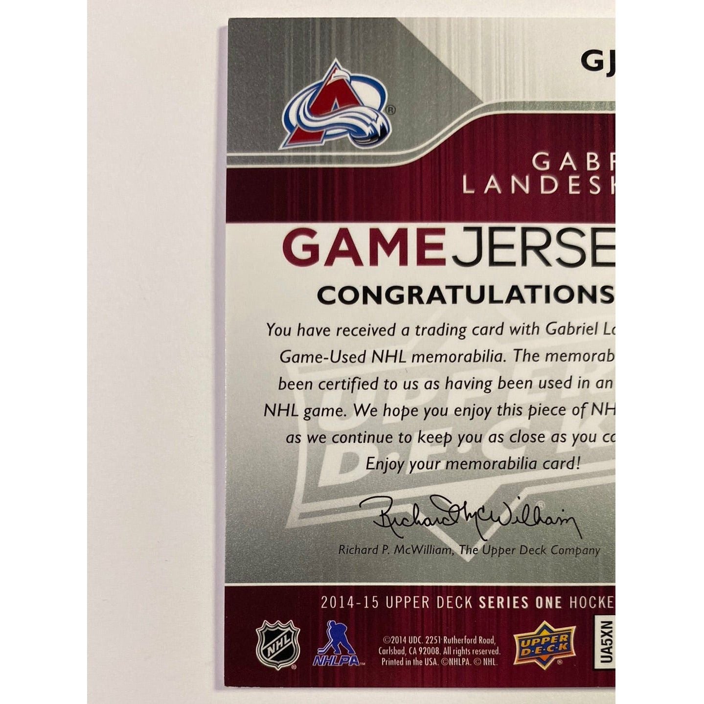 2014-15 Upper Deck Series 1 Gabriel Landeskog UD Game Jersey | Local Legends Cards & Collectibles