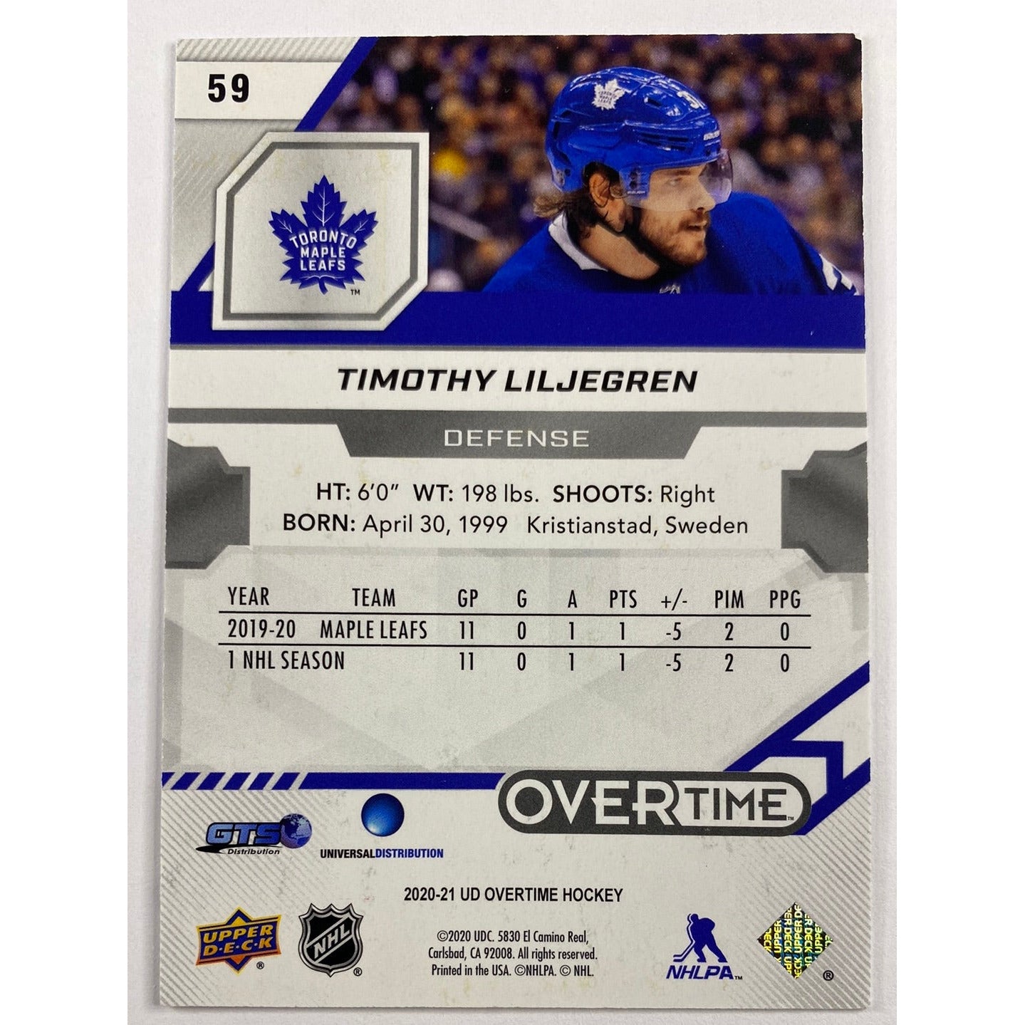 2020-21 UD Overtime Timothy Liljegren Ruby Rookies /99 | Local Legends Cards & Collectibles