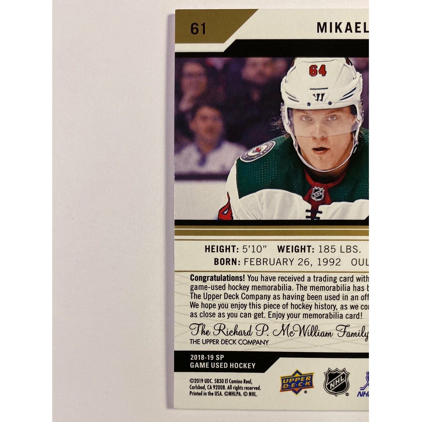 2018-19 SP Game Used Mikael Granlund Game Used Jersey Patch | Local Legends Cards & Collectibles