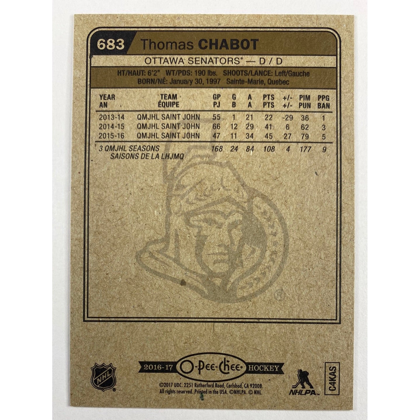 2016-17 O-Pee-Chee Thomas Chabot Marquee Rookies | Local Legends Cards & Collectibles