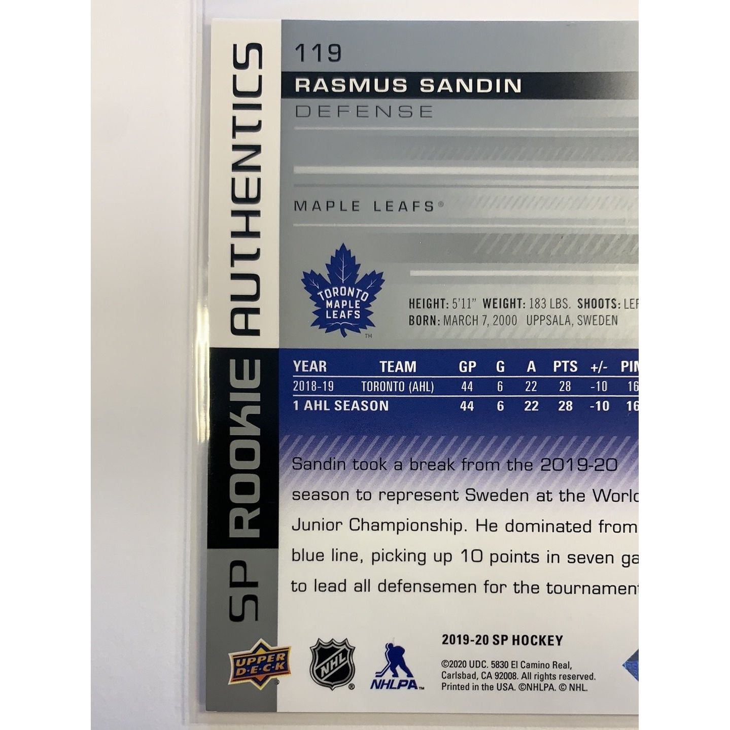 2019-20 SP Rasmus Sandin Rookie Authentics /1199 | Local Legends Cards & Collectibles