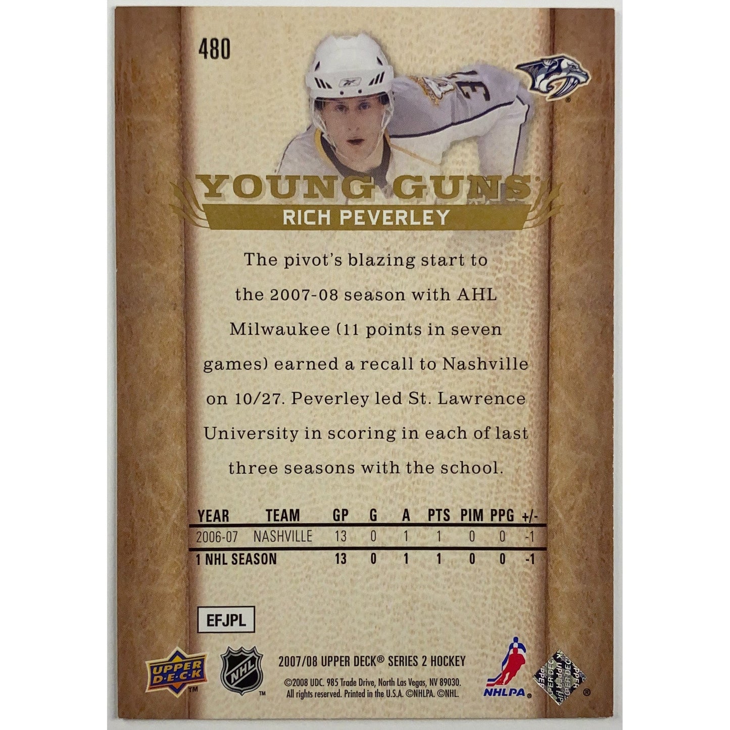 2007-08 Upper Deck Series 2 Rich Peverley Young Guns | Local Legends Cards & Collectibles
