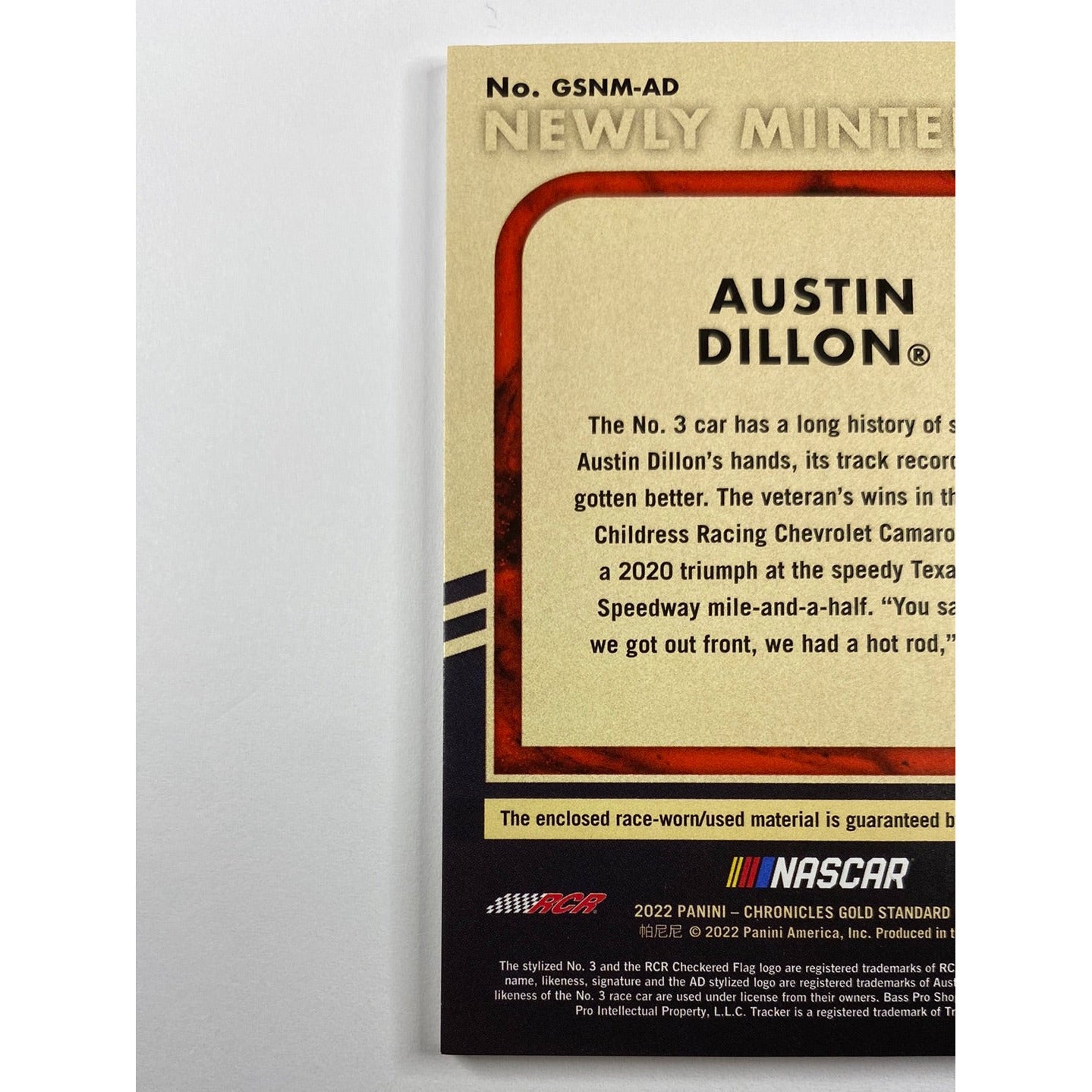2022 Chronicles Gold Standard Austin Dillon Newly Minted Triple Race Worn/Used Patch | Local Legends Cards & Collectibles