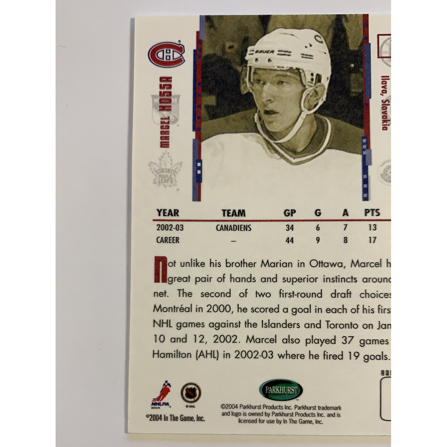 2004-05 Parkhurst Original Six Marcel Hossa 01/10 Spring Expo | Local Legends Cards & Collectibles