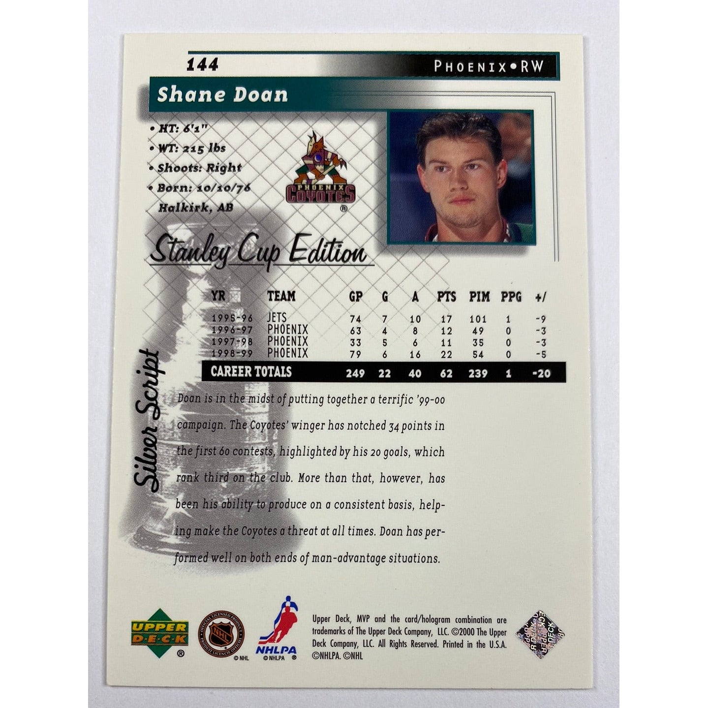 1999-00 MVP Shane Doan Silver Script | Local Legends Cards & Collectibles