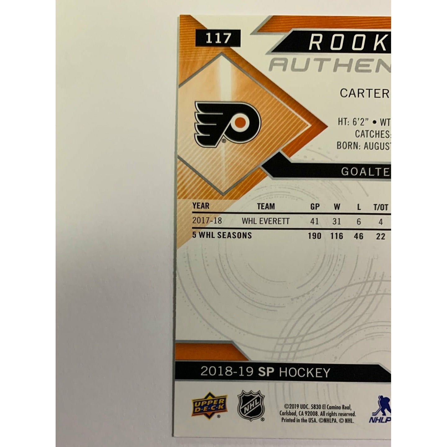 2018-19 SP Carter Hart Rookie Authentics Blue Parallel | Local Legends Cards & Collectibles