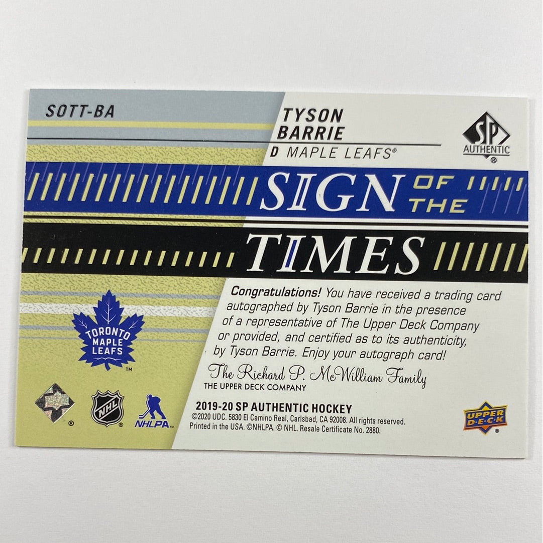 2019-20 SP Authentic Tyson Barrie Sign Of The Times | Local Legends Cards & Collectibles