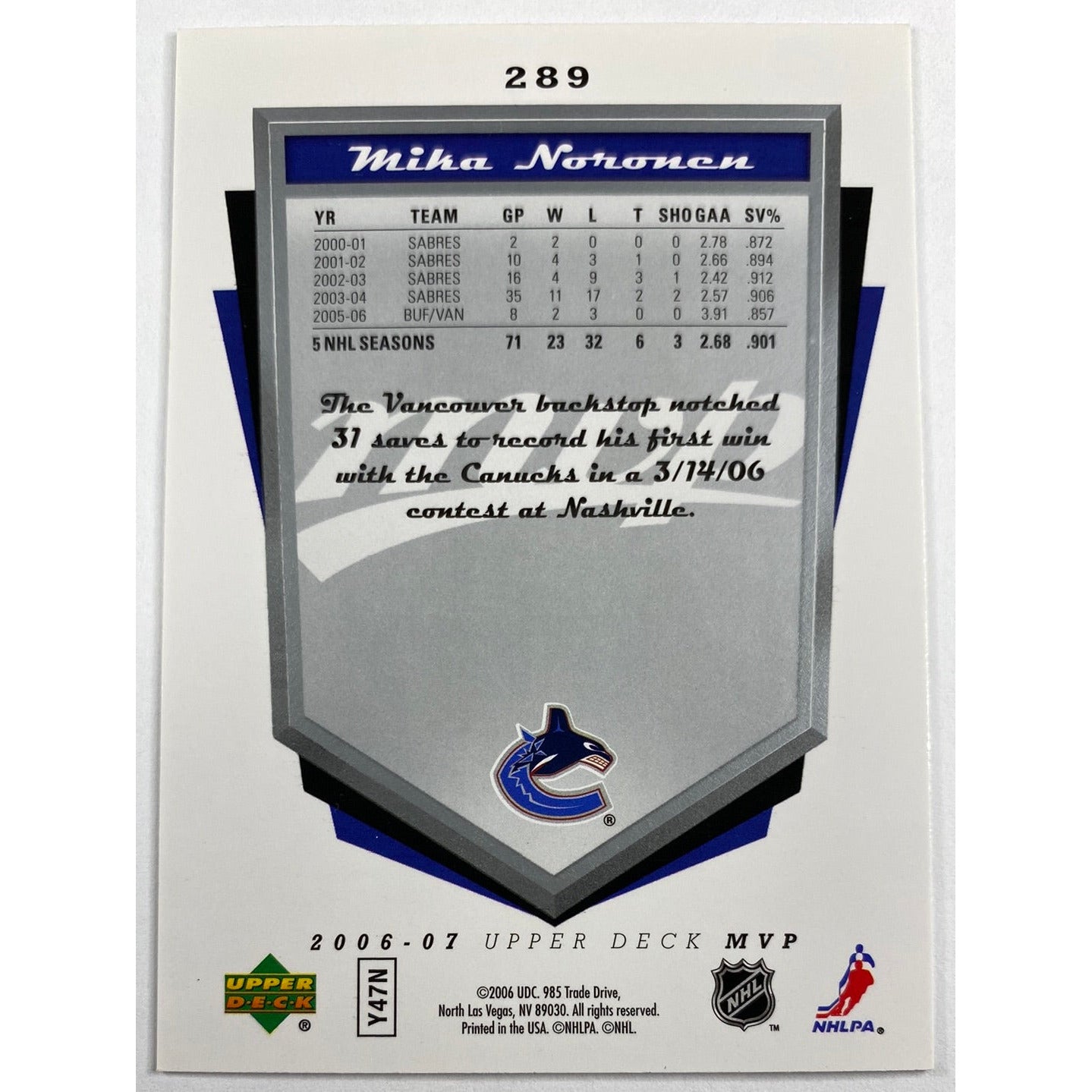 2006-07 MVP Mila Noronen Silver Script | Local Legends Cards & Collectibles