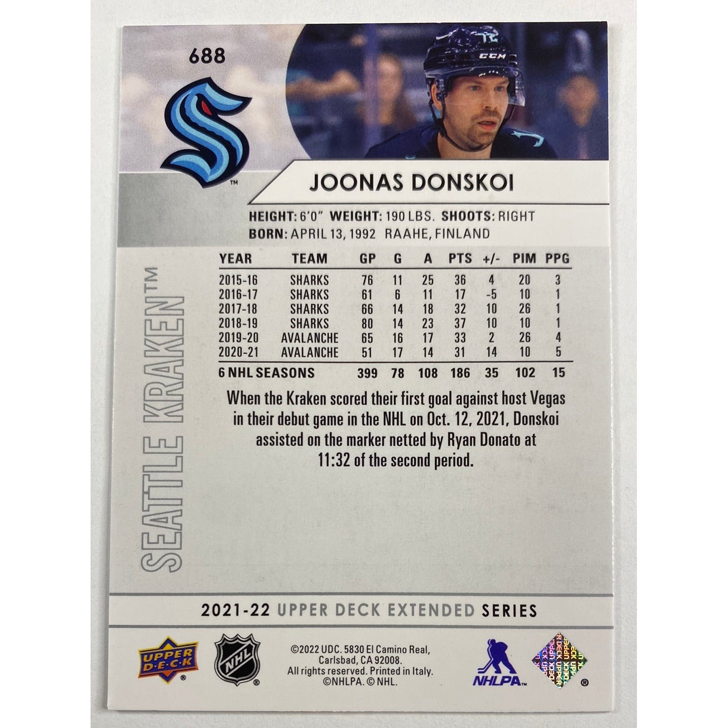 2021-22 Upper Deck Extended Series Joonas Donskoi Inaugural Game | Local Legends Cards & Collectibles