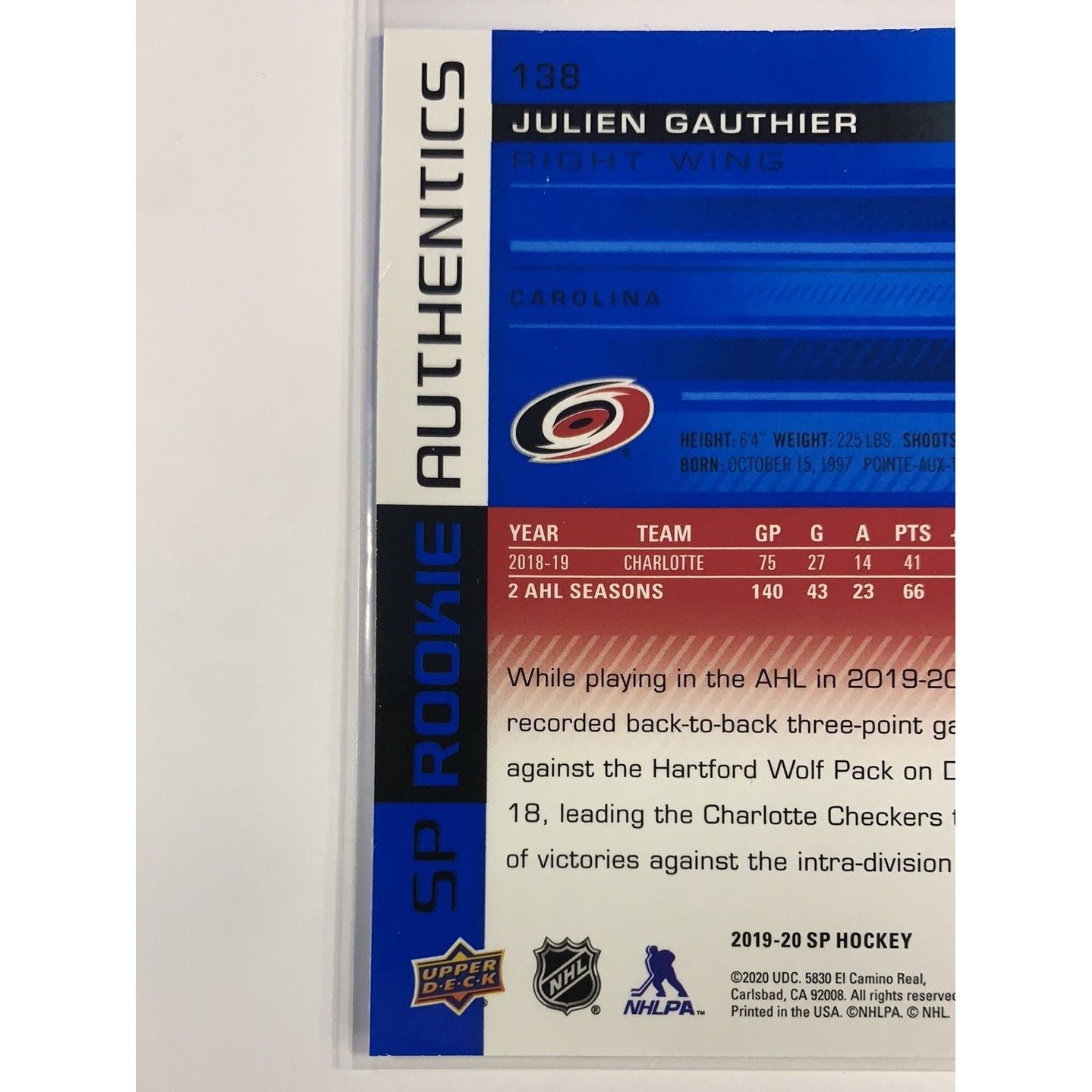 2019-20 SP Julien Gauthier Rookie Authentics | Local Legends Cards & Collectibles