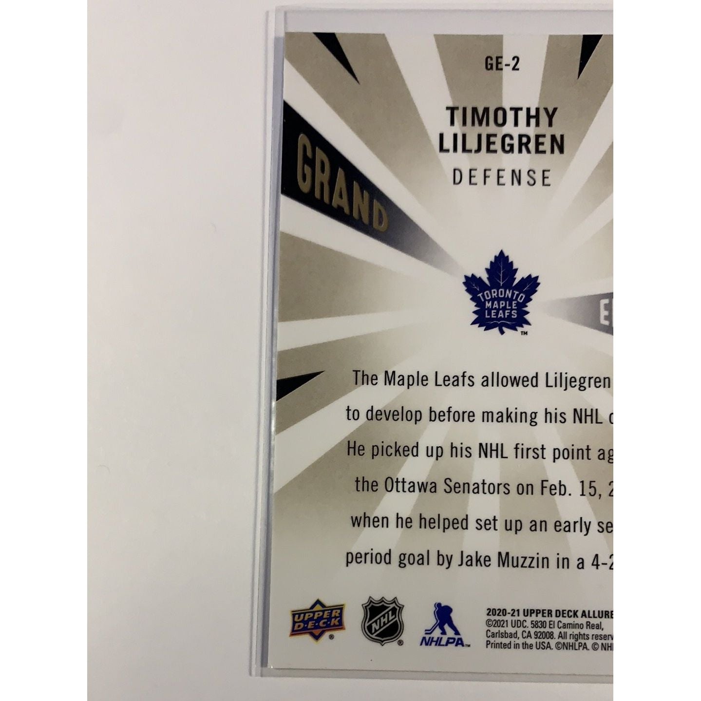 2020-21 Allure Timothy Liljegren Grand Entrance | Local Legends Cards & Collectibles