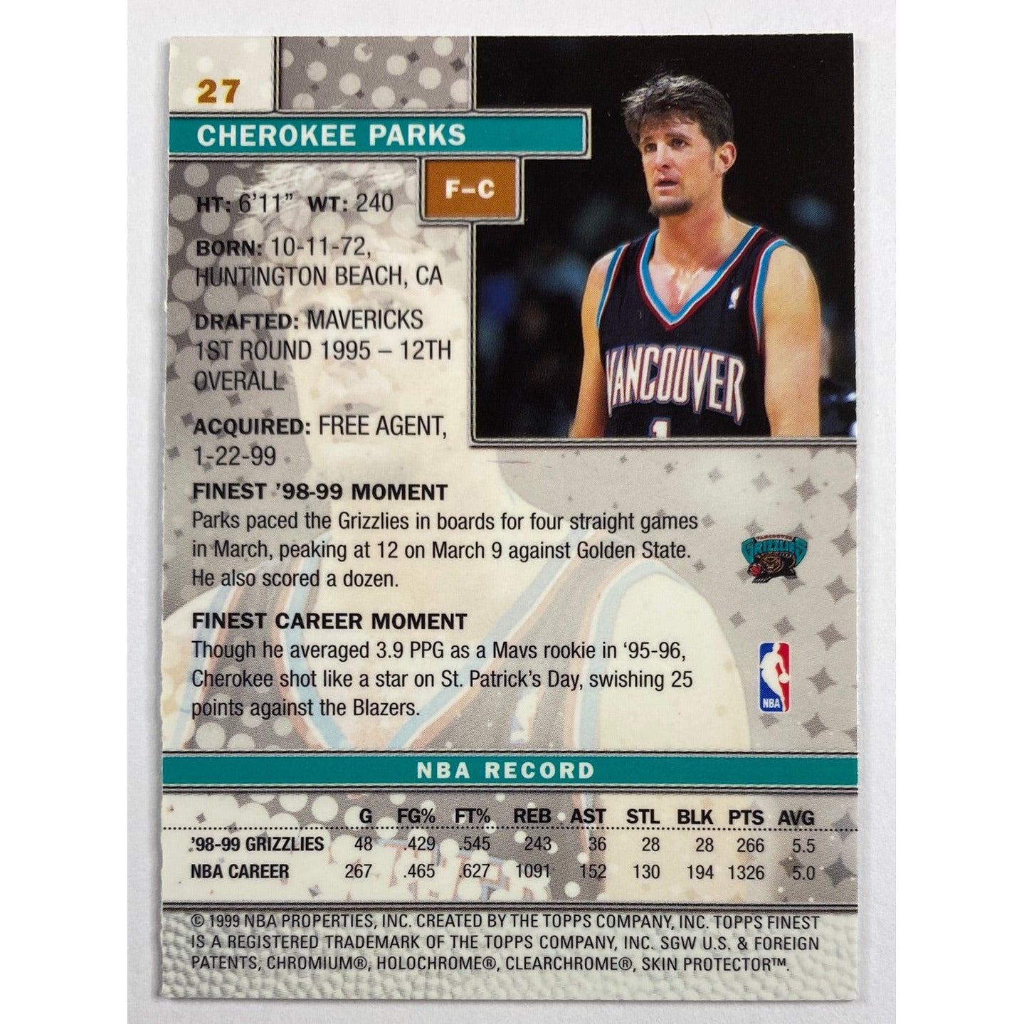1999-00 Topps Finest Cherokee Parks Skin On | Local Legends Cards & Collectibles