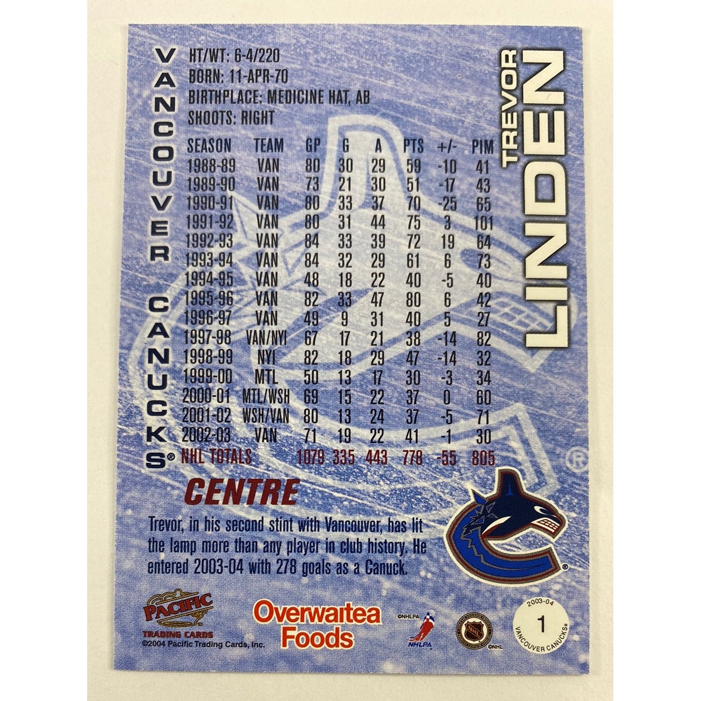 2004 Pacific Vancouver Canucks Trevor Linden | Local Legends Cards & Collectibles