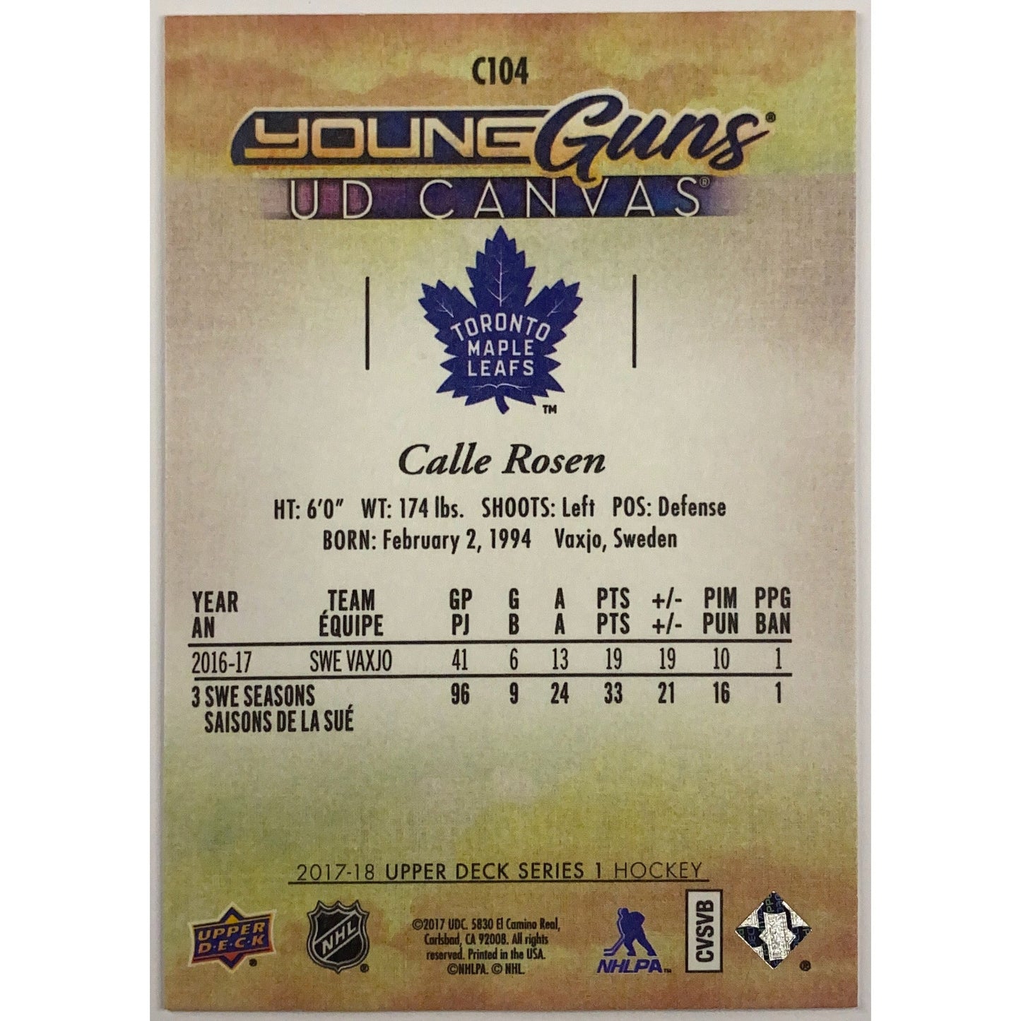 2017-18 Upper Deck Series 1 Calle Rosen Young Guns Canvas | Local Legends Cards & Collectibles