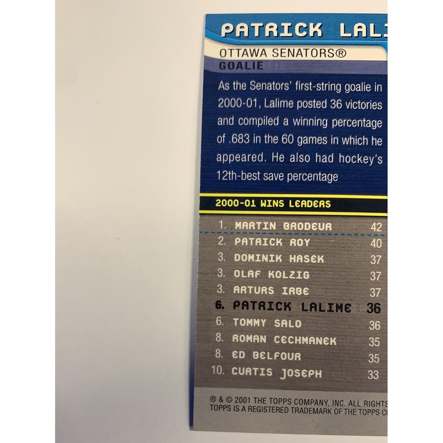 2001 Topps Patrick Lalime Own The Game | Local Legends Cards & Collectibles