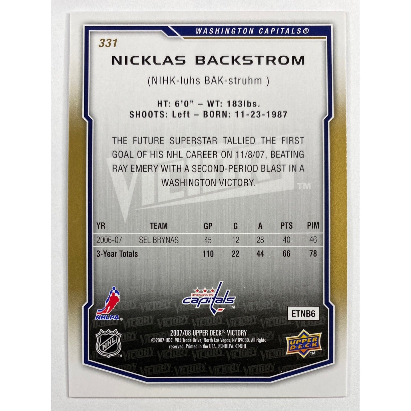 2007-08 Victory Nicklas Backstrom RC | Local Legends Cards & Collectibles