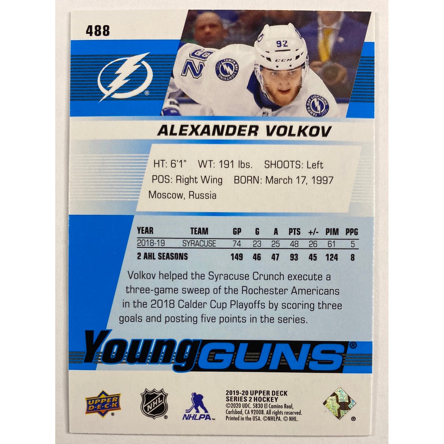 2019-20 Upper Deck Series 2 Alexander Volkov Young Guns | Local Legends Cards & Collectibles