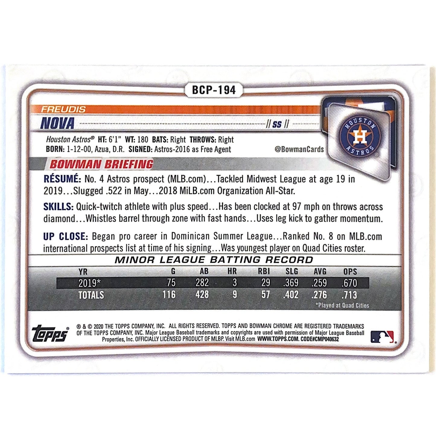 2020 Bowman Chrome Freudis Nova Prospect Purple Refractor /250 | Local Legends Cards & Collectibles