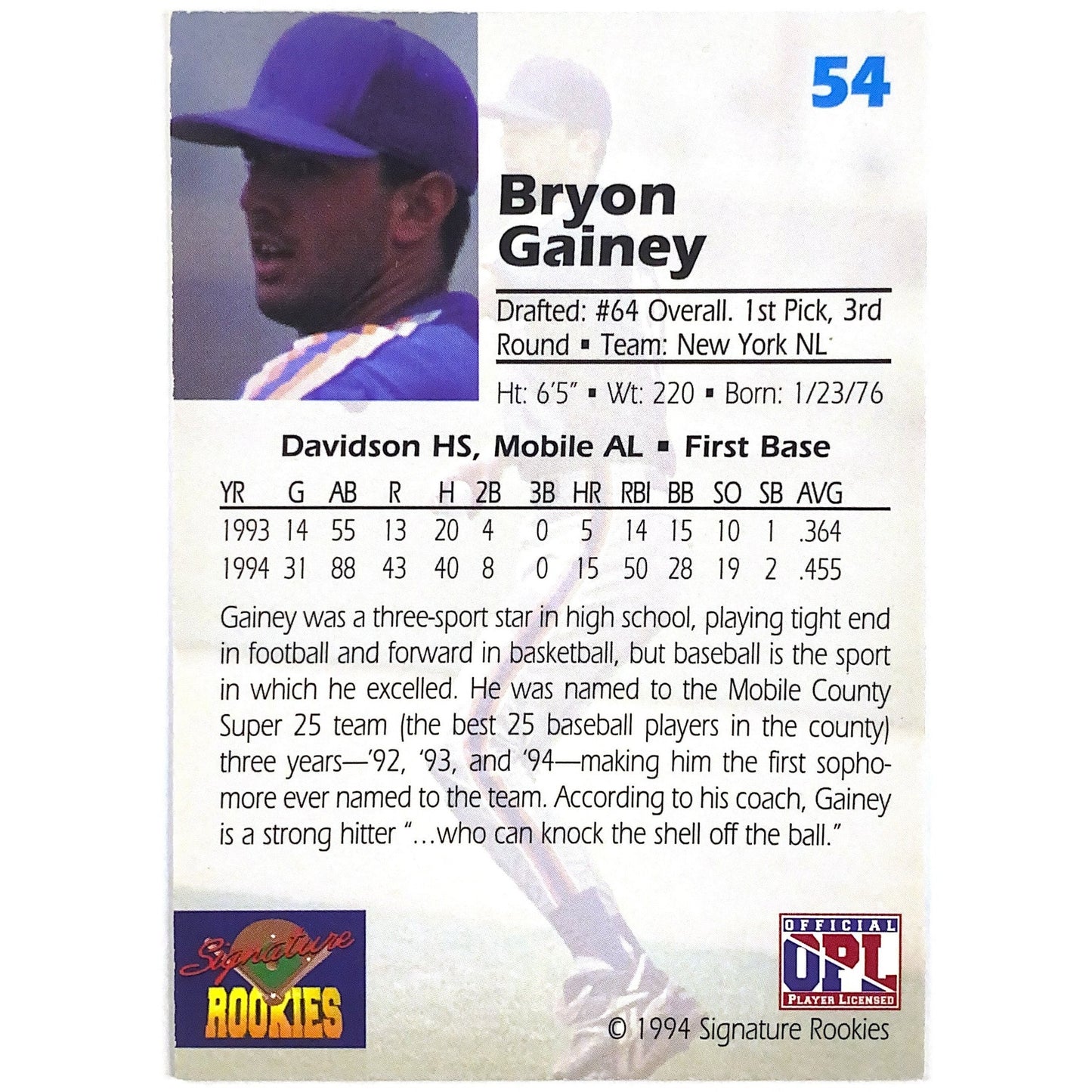 1994 Signature Rookies Bryon Gainey Draft Picks Auto /7750 | Local Legends Cards & Collectibles
