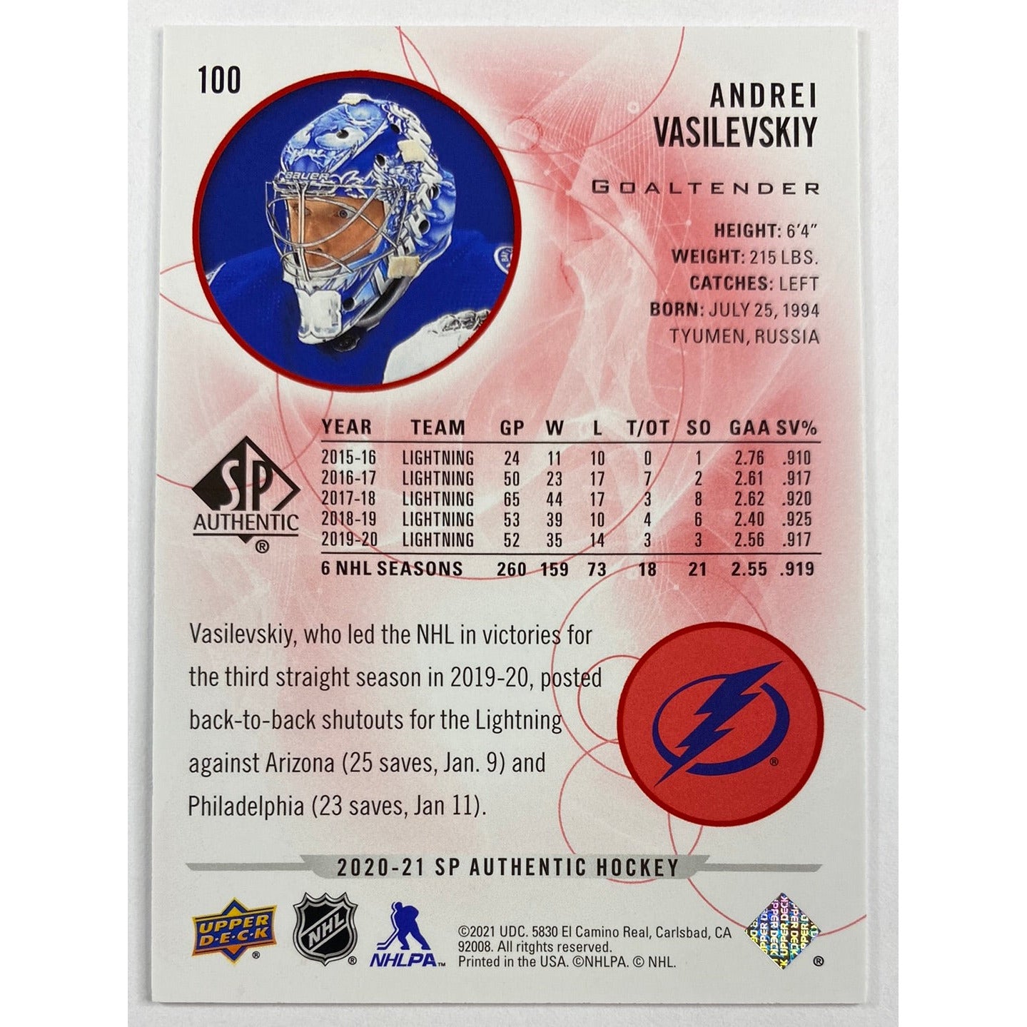 2020-21 SP Authentic Andrei Vasilevsky Red Parallel | Local Legends Cards & Collectibles