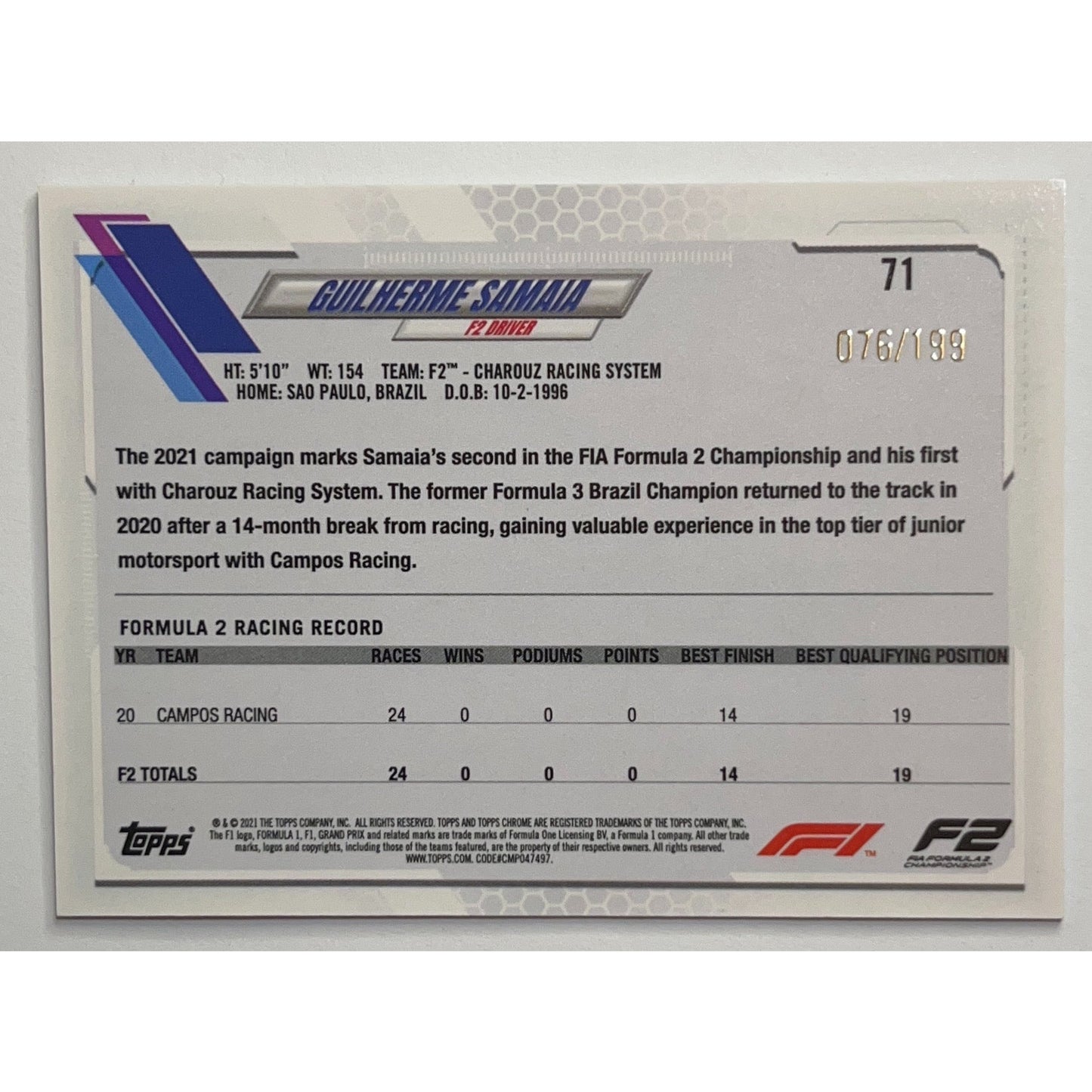 2021 Topps Chrome Formula 1 Guilherme Samaia Future Stars Checker Flag Purple Refractor /199 | Local Legends Cards & Collectibles