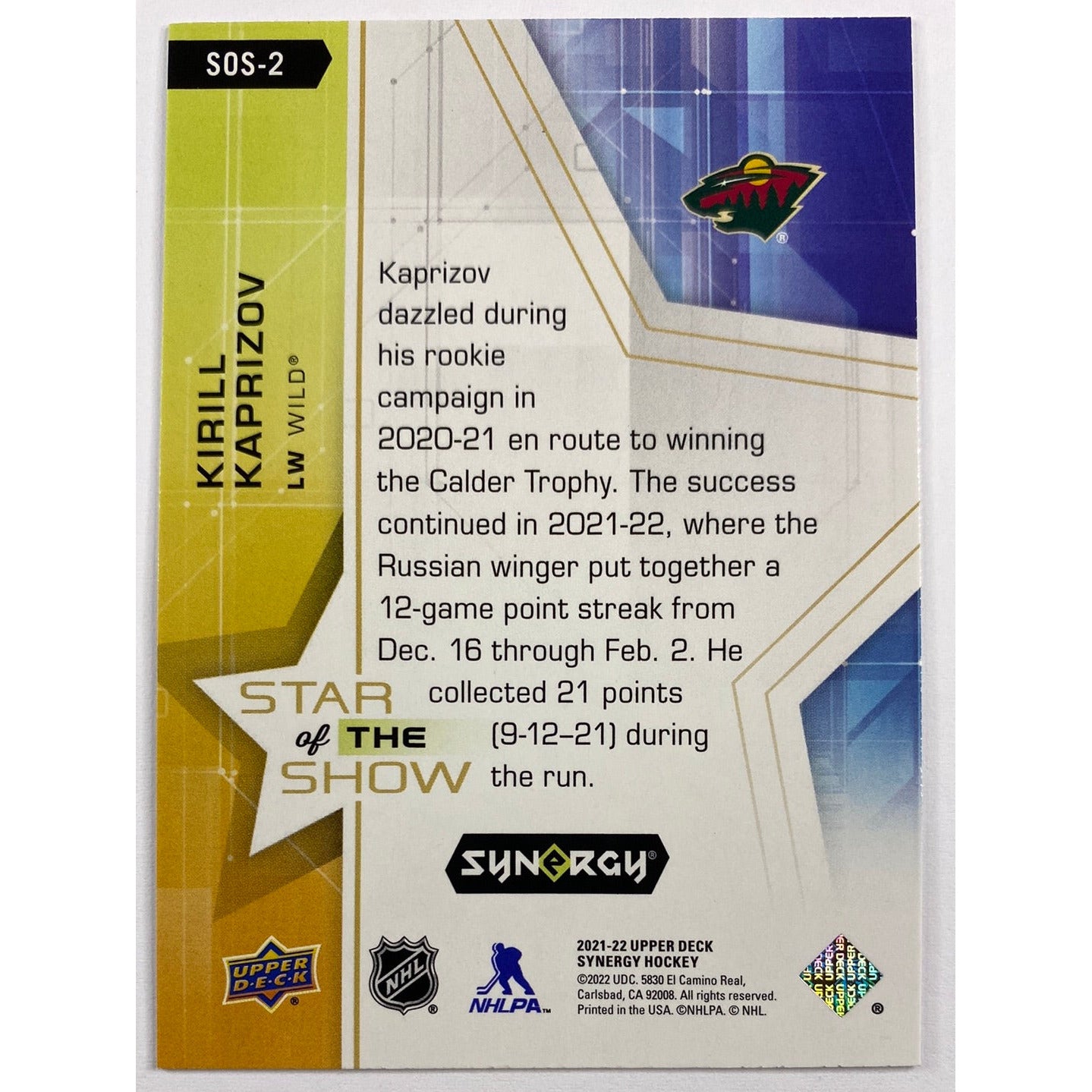 2021-22 Synergy Kirill Kaprizov Star of the Show | Local Legends Cards & Collectibles