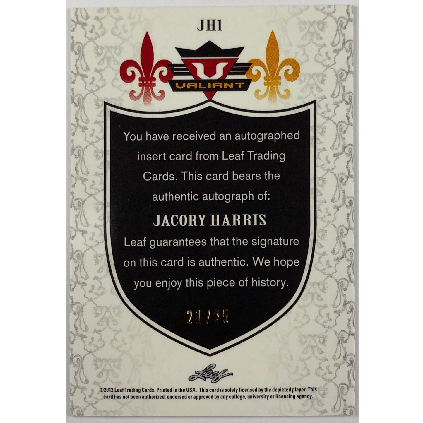 2012 Leaf Valiant Jacory Harris Purple Auto /25 | Local Legends Cards & Collectibles