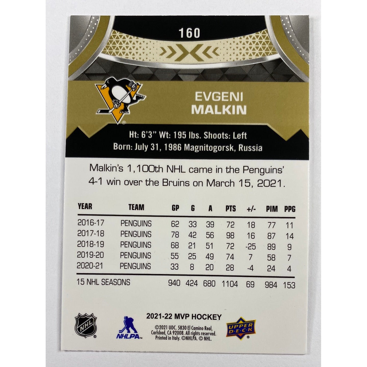 2021-22 MVP Evgeni Malkin Gold Script | Local Legends Cards & Collectibles