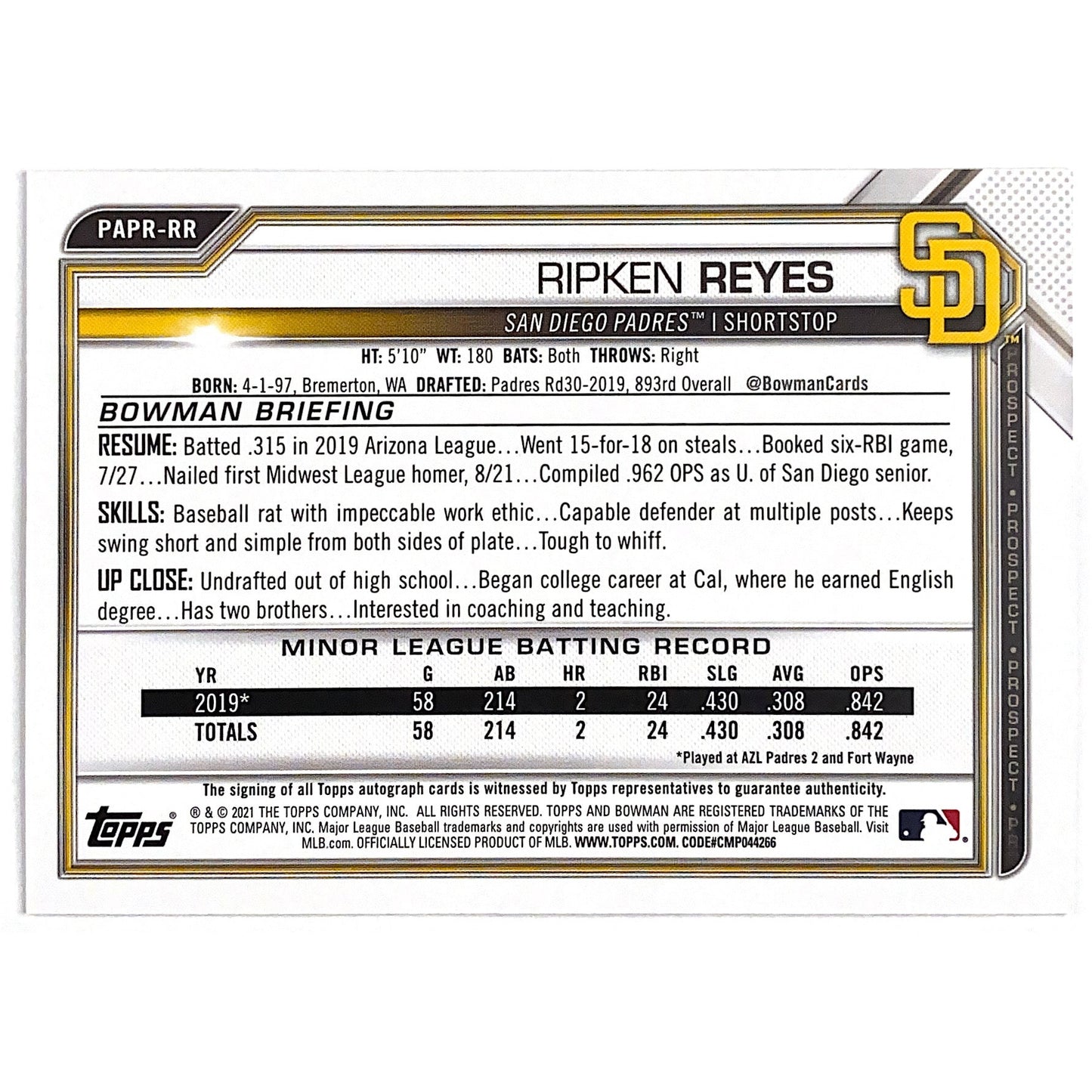2021 1st Bowman Ripken Reyes Autograph | Local Legends Cards & Collectibles