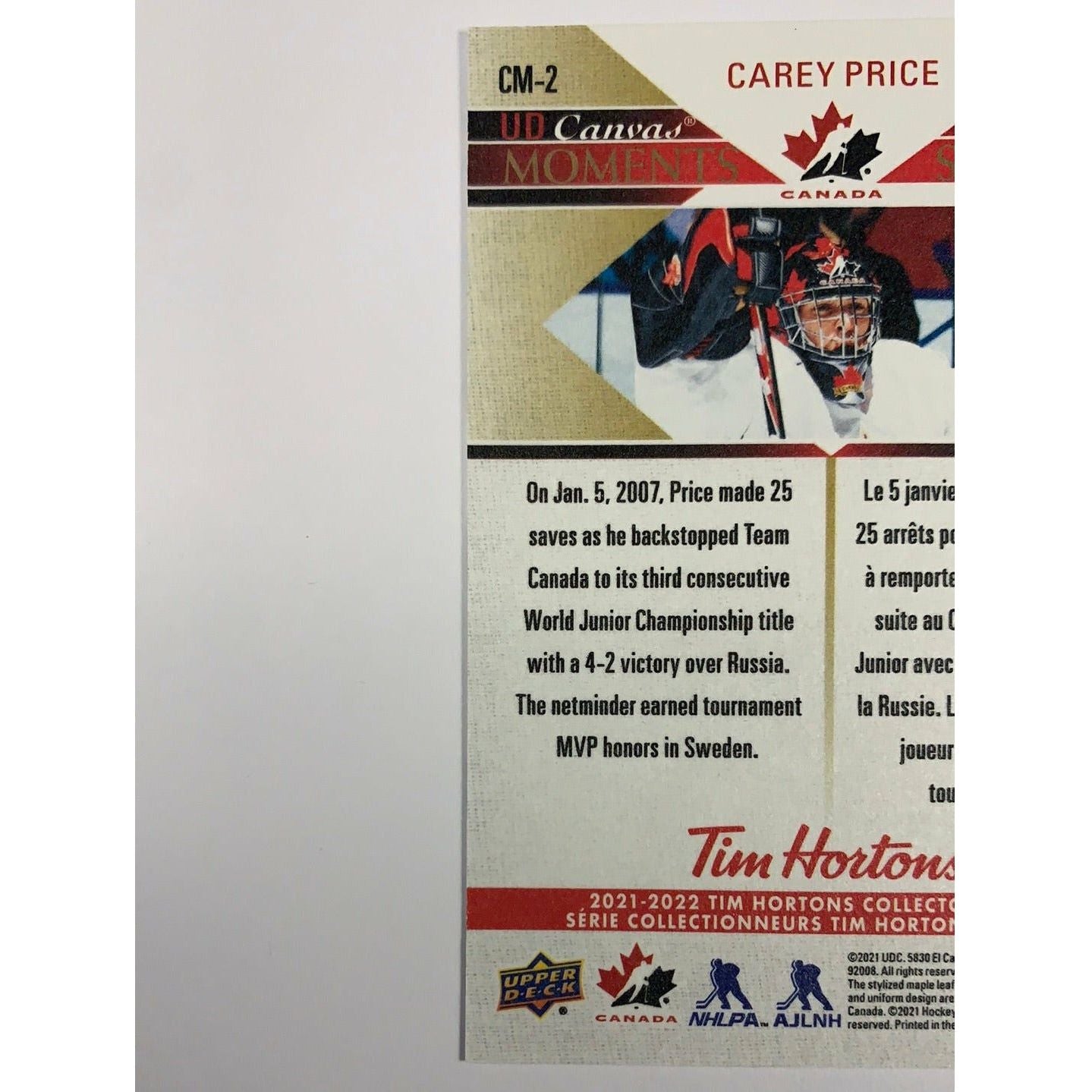 2021-22 Tim Hortons Carey Price Canvas Moments | Local Legends Cards & Collectibles
