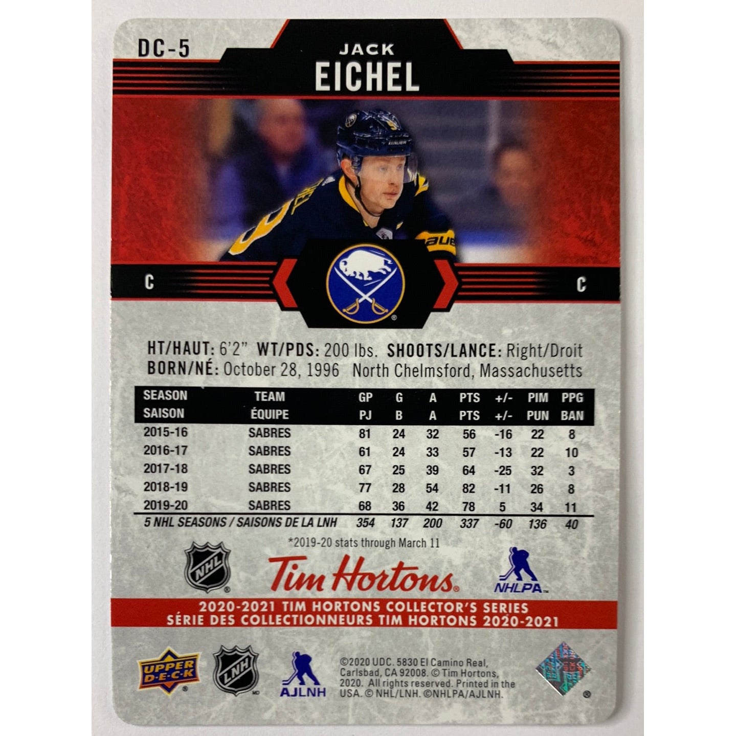 2020-21 Tim Hortons Jack Eichel Red Die Cut | Local Legends Cards & Collectibles