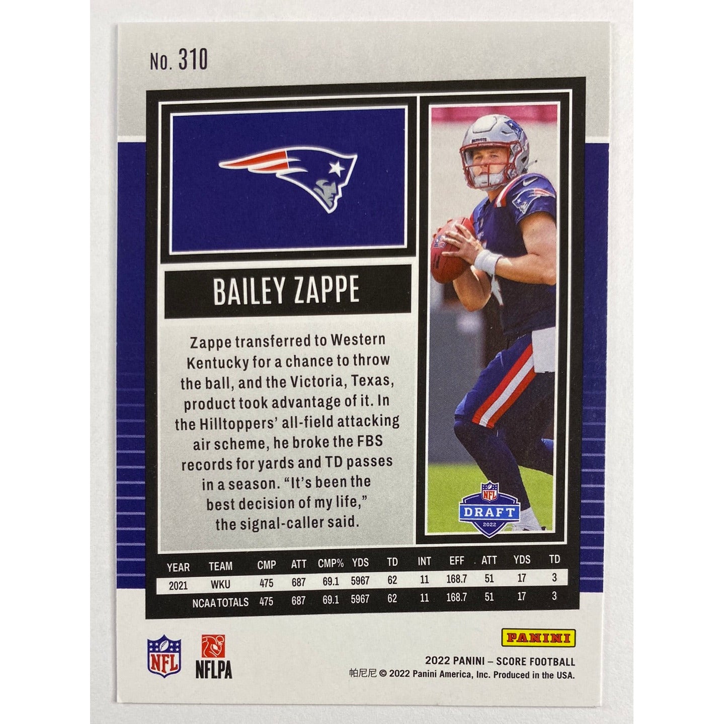 2022 Score Bailey Zappe RC | Local Legends Cards & Collectibles