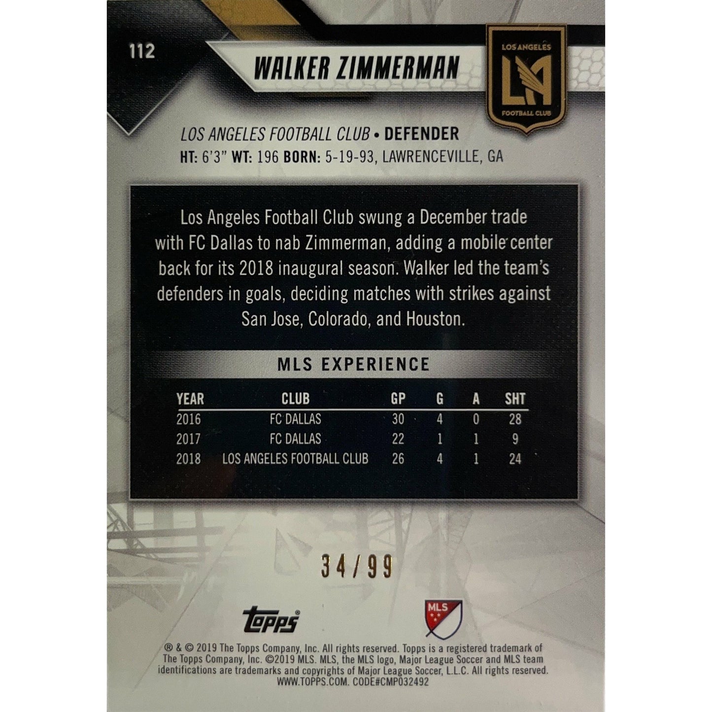 2019 Topps MLS Walker Zimmerman /99 | Local Legends Cards & Collectibles