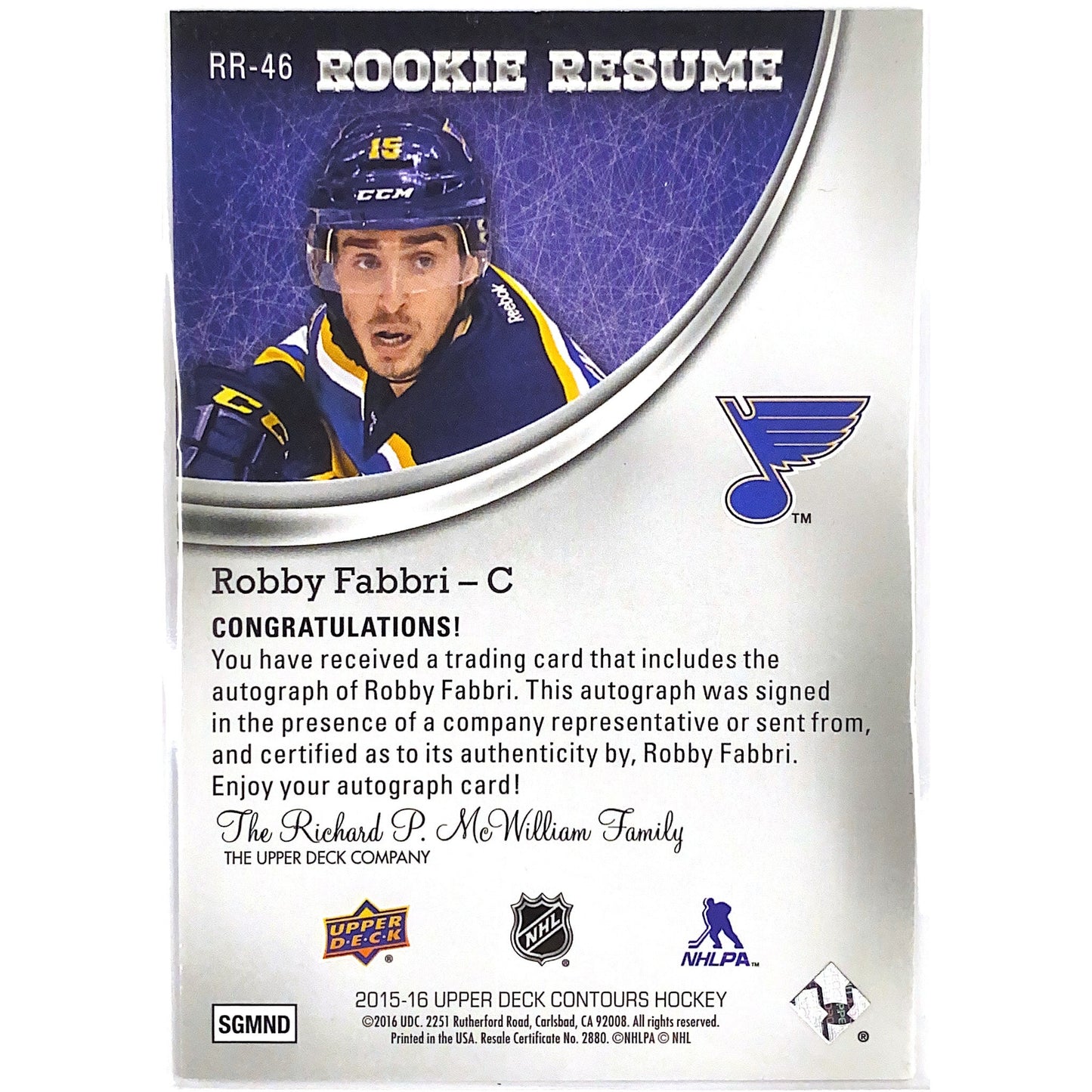 2015-16 Upper Deck Contours Robby Fabbri Rookie Resume Autographs Gold SP | Local Legends Cards & Collectibles